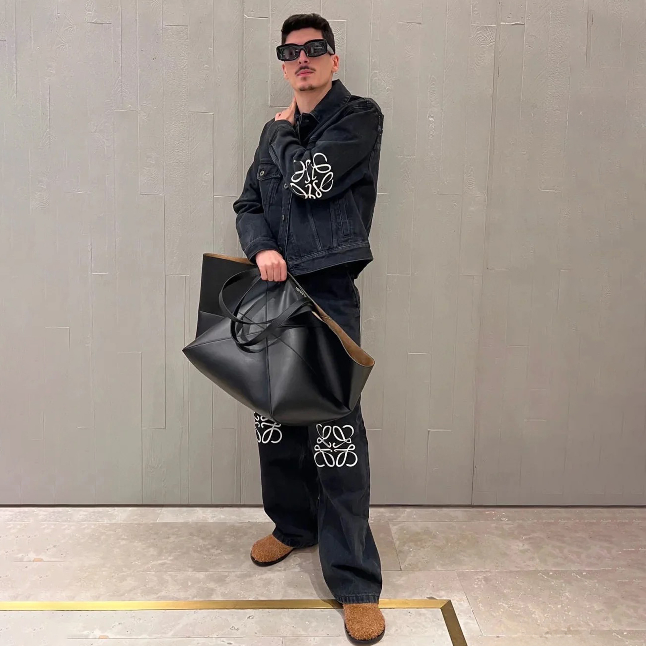 NIGO Loewe Men's Denim Anagram Jacket Fall Winter Logo Letter Applique Black Denim Jacket Low Rise Jeans Trouser Suit Set #nigo71555