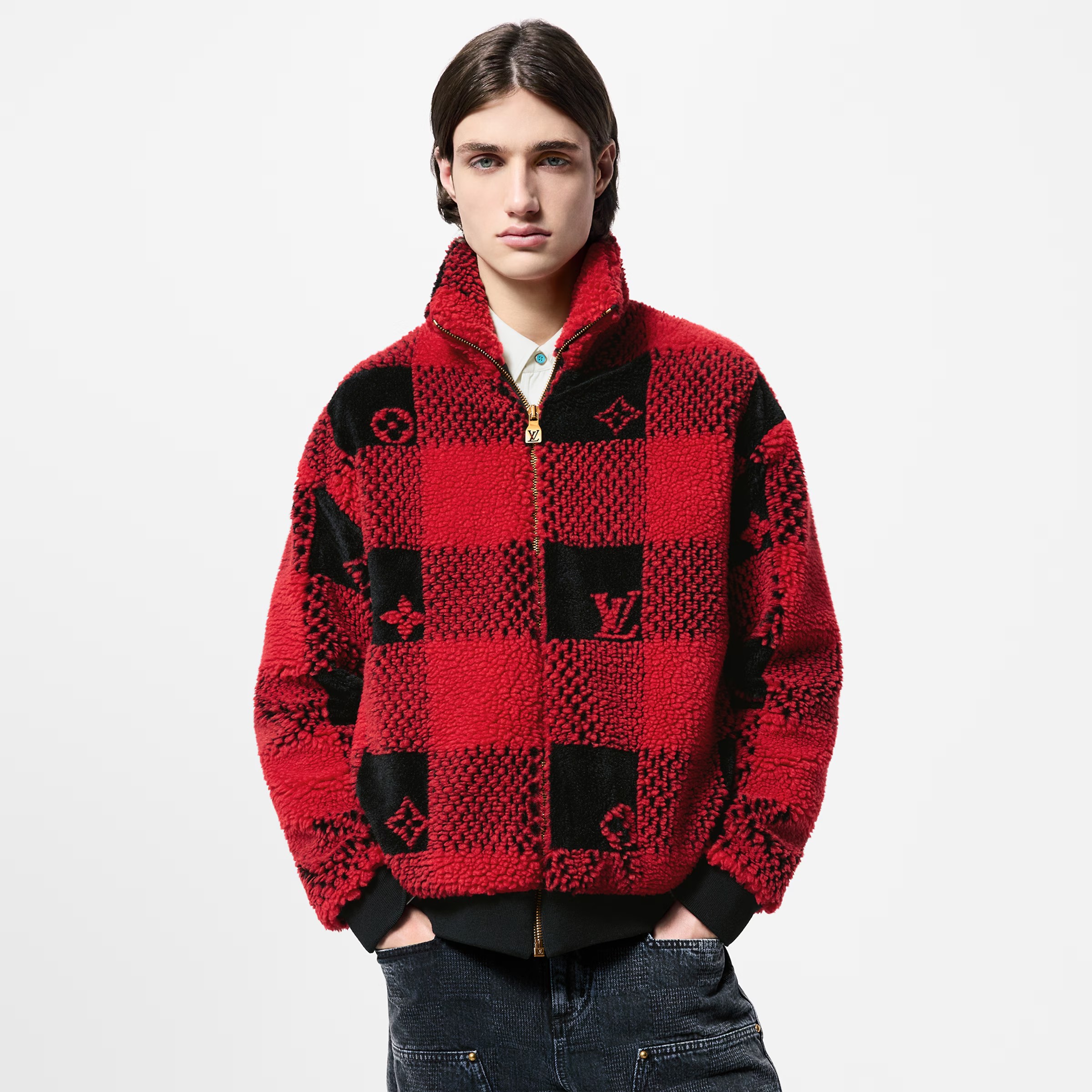NIGO Louis Vuitton Men's Fall And Winter Plaid Lapel Zipper Fitted Damier Suede Drawstring Long Sleeve Waist Jacket #nigo71538