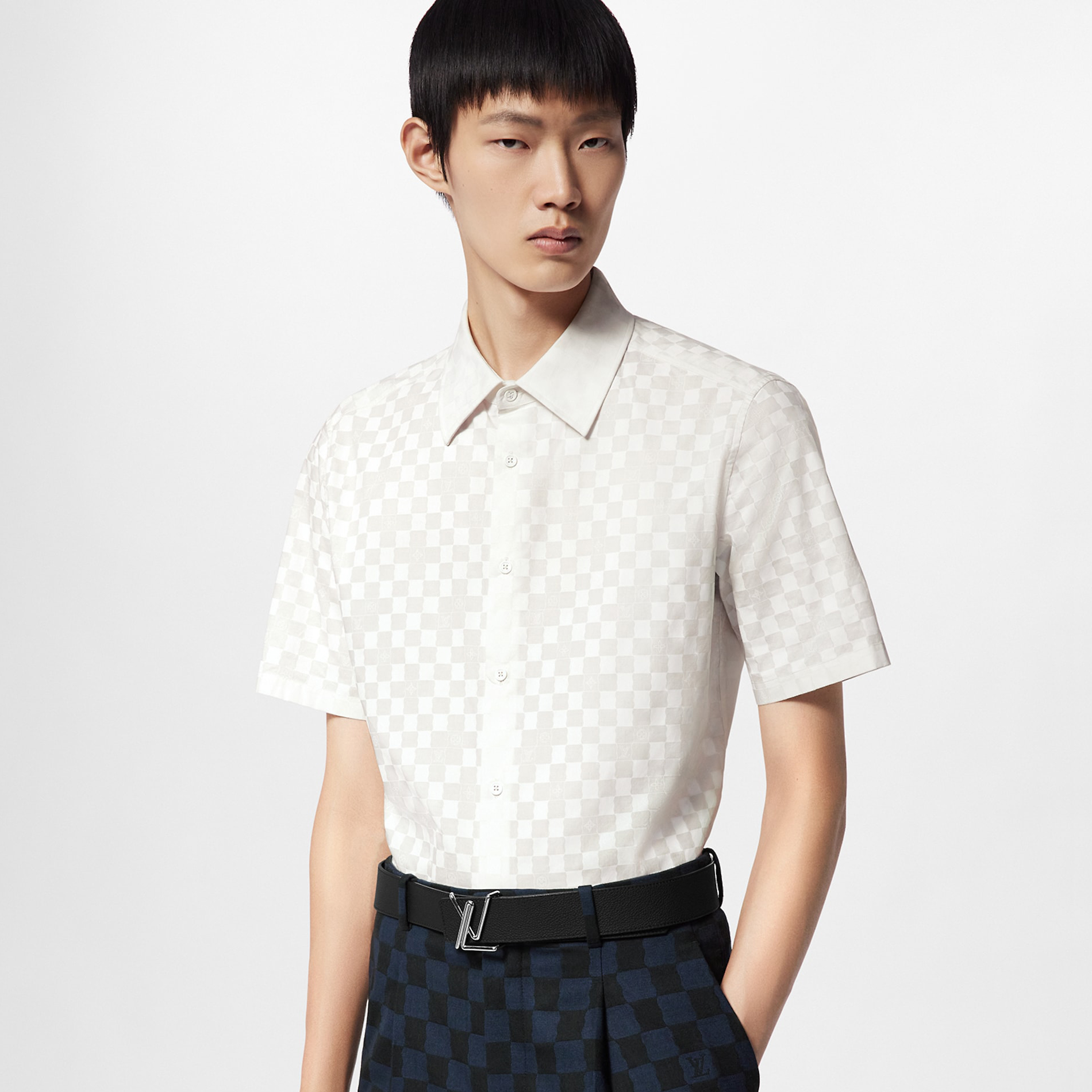 NIGO Louis Vuitton Men's Summer White Check Printed Lapel Single Breasted Short Sleeve Shirt #nigo99199