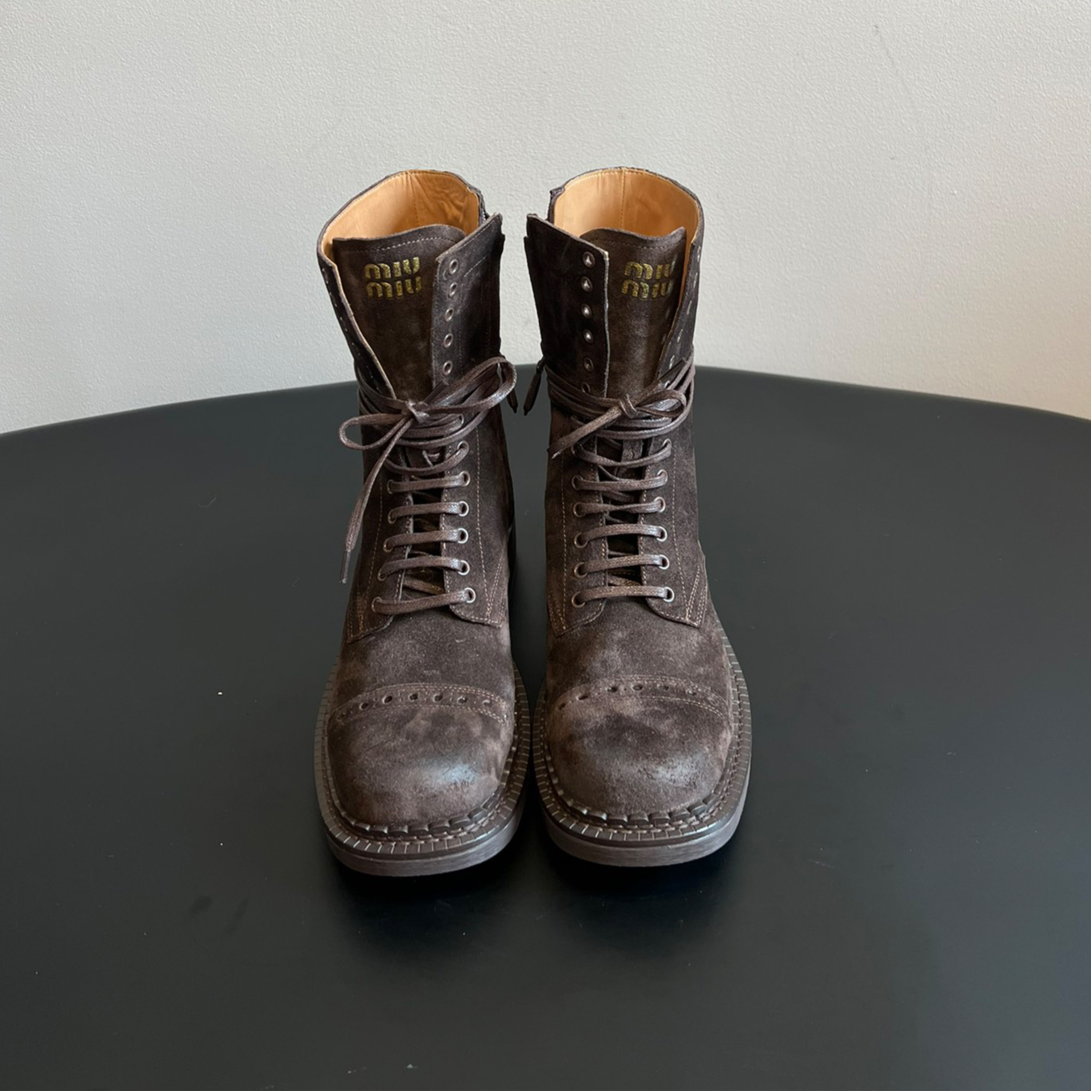 NIGO MiuMiu Women's Four Seasons Biker Style Retro Leather Buckle Boots Lace-up Cowhide Boots Casual Shoes Short Boots Suede High Shoes Ngvp #nigo9154