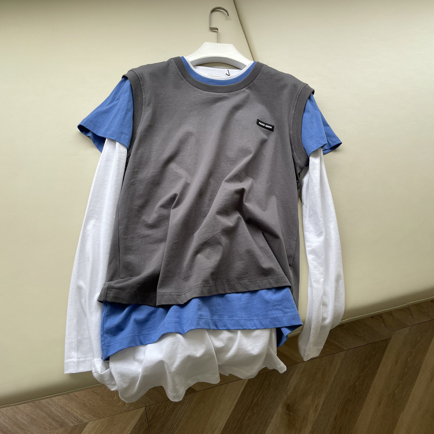 NIGO MiuMiu Women's Summer Clashing Color Embroidery Letter Logo Round Neck 3 Piece Layered T-Shirt Set #nigo72878