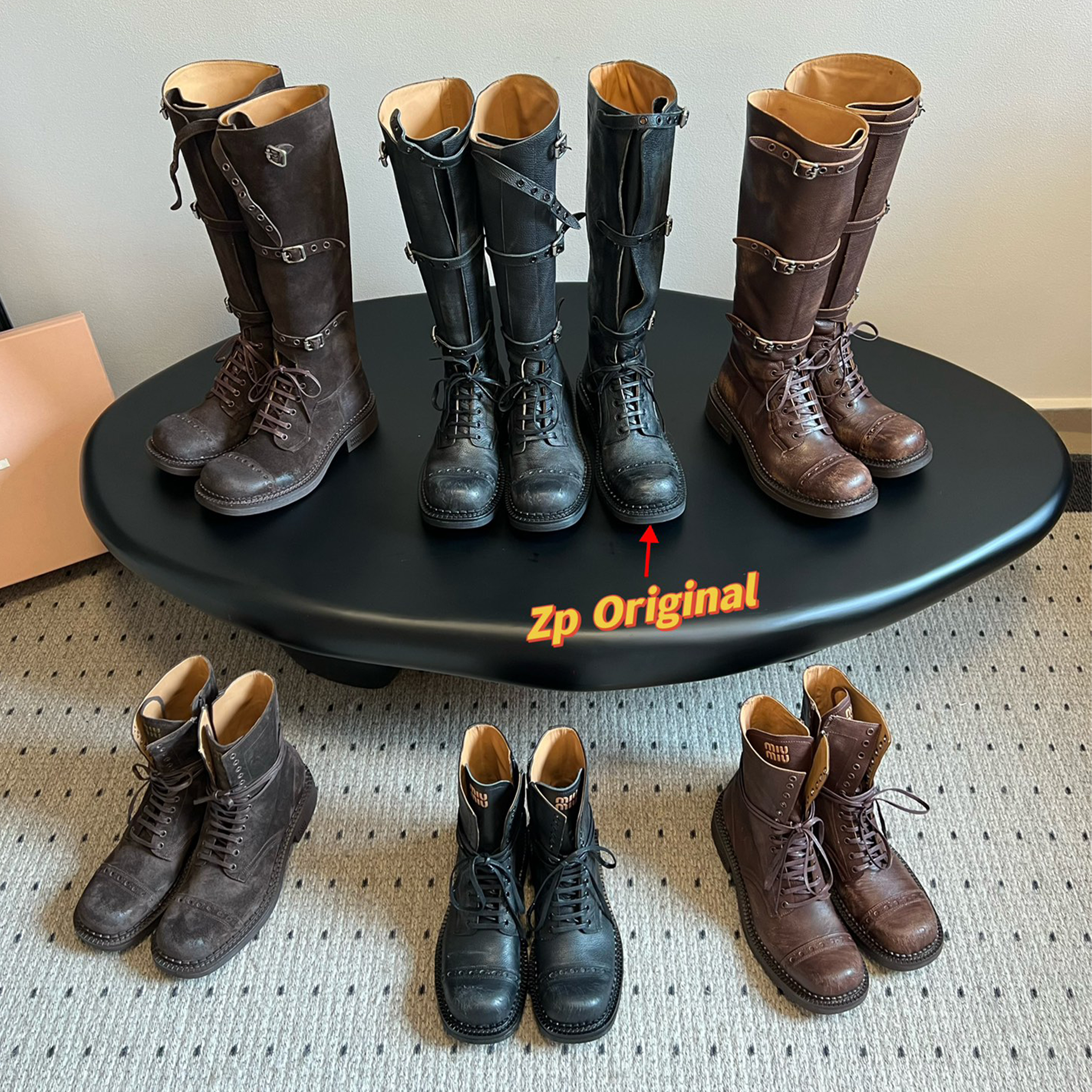 NIGO MiuMiu Women's Four Seasons Biker Style Retro Leather Buckle Boots Lace-up Cowhide Boots Casual Shoes Short Boots Suede High Shoes Ngvp #nigo9154