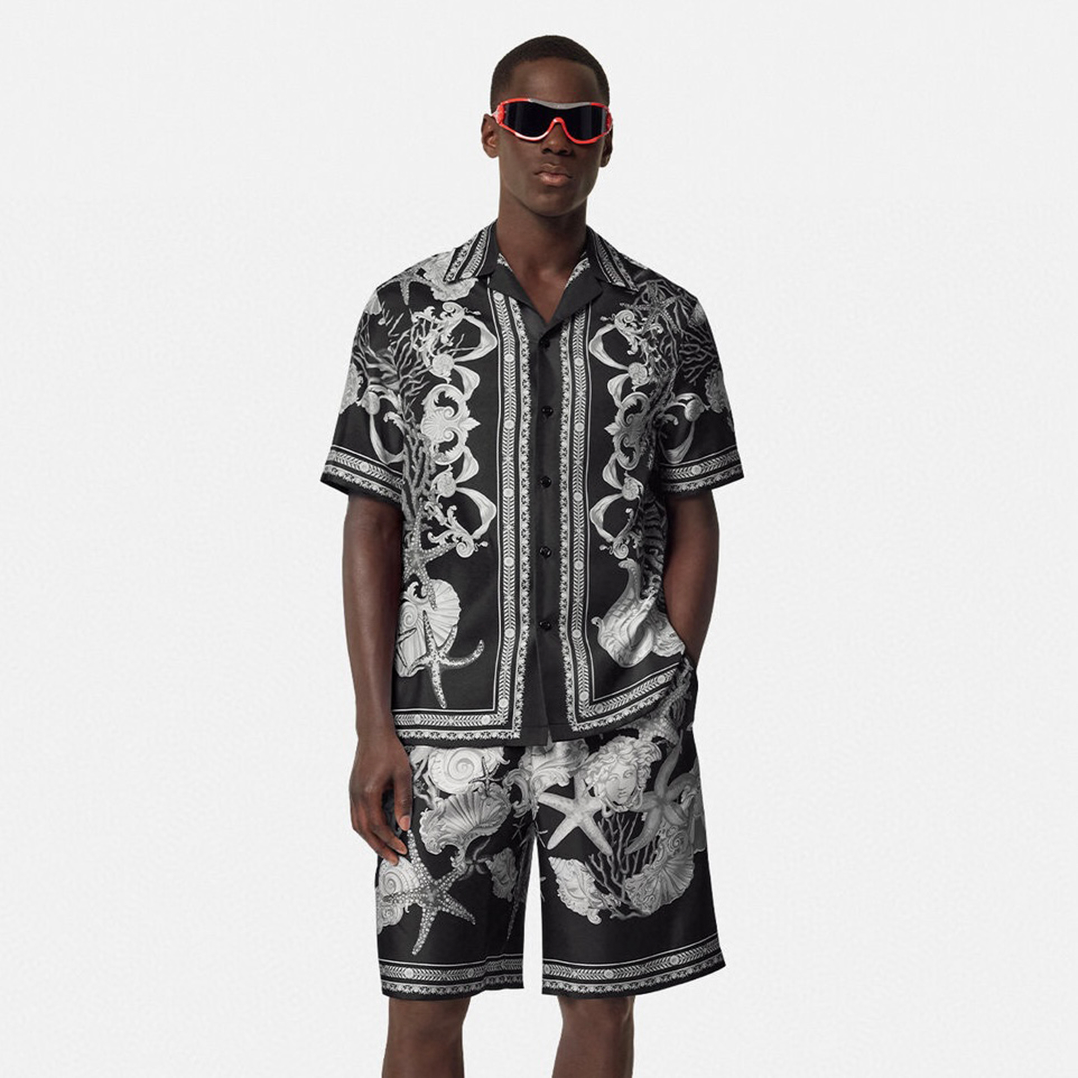 NIGO Versace Men's And Women's Spring And Summer Vacation Style Fashion Casual Lapel Black And White Color Block Print Short Sleeve's Shirt And Shorts Suit Set Ngvp #nigo9156
