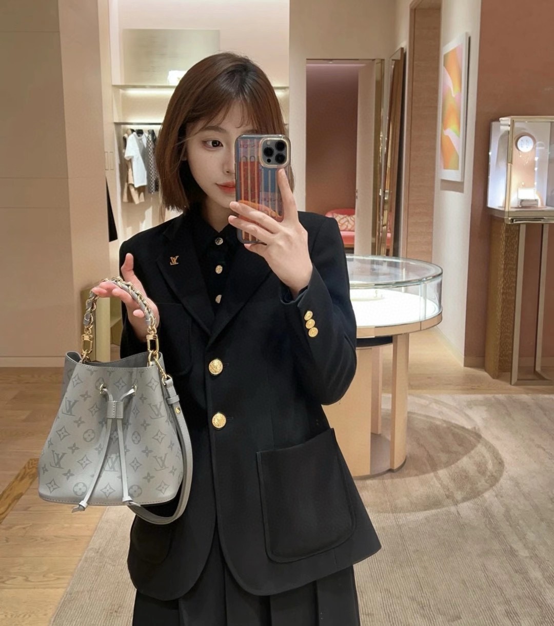 NIGO Louis Vuitton Women's Gray Letter Drawstring Closure Calfskin Shoulder Crossbody Handbag Bag Bags #nigo72882