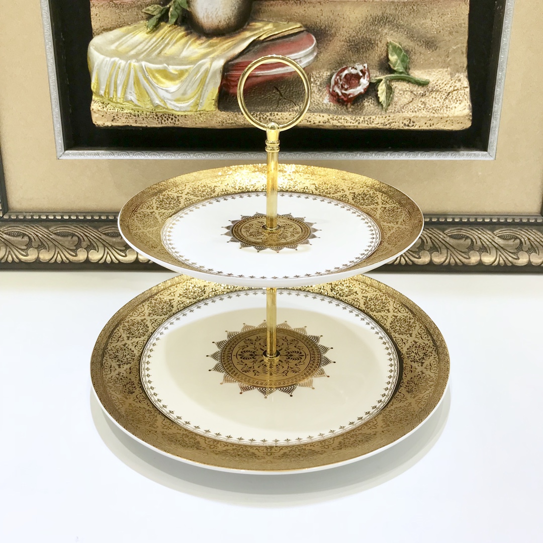 NIGO Hermes Hermes Passifolia Multi-tropical Rainforest Series Cake Stand Snack Plate Bone China 2 Tier Fruit Plate 45% High Bone China Germany 24k Gold Wheel Hand Traced Gold Edge Snack Plate Place Setting Plate Candy Dish #nigo71568