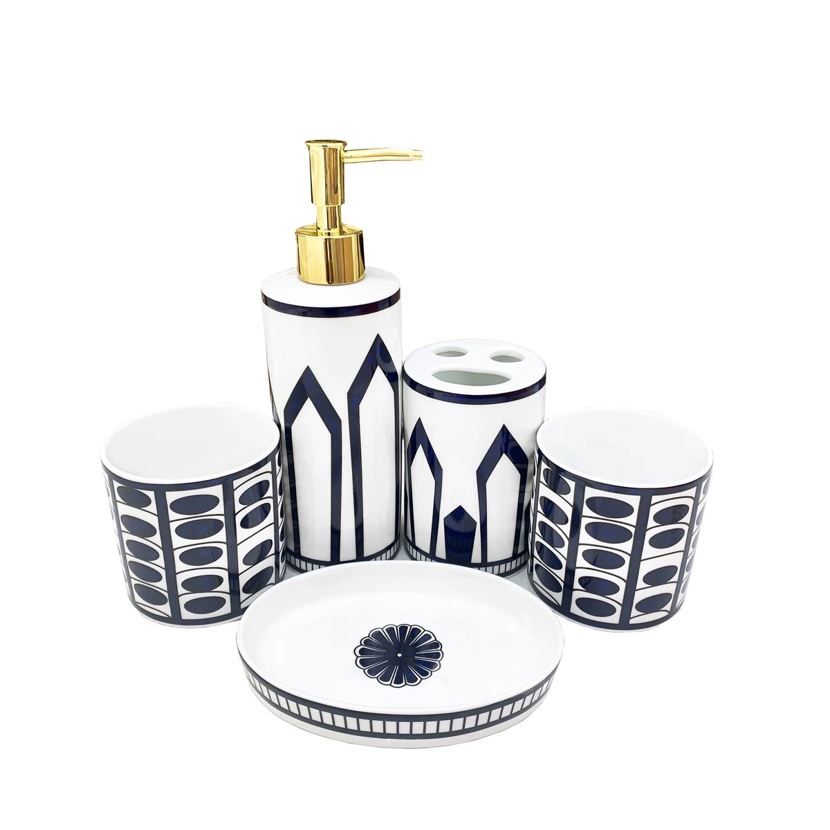 NIGO Hermes Blue Lotus Series Bone China Bathroom Five-piece Set Lotion Bottle Soap Box Toothbrush Box Mouthwash Cup Set #nigo71571