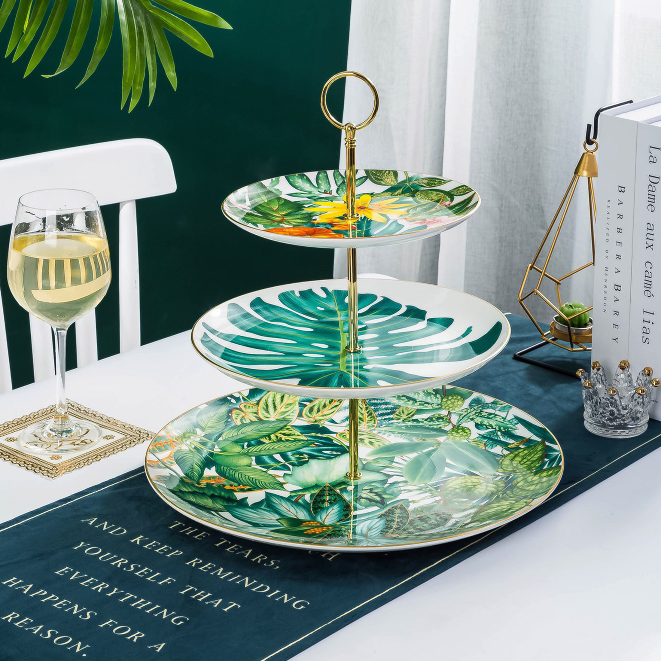 NIGO Hermes Equatorial Jungle Collection Bone China 3 Tier Fruit Plate Cake Stand Snack Plate 45% High Bone China Germany 24k Gold Wheel Hand Traced Gold Edge Snack Tray Place Settings Fruit Plate #nigo71568