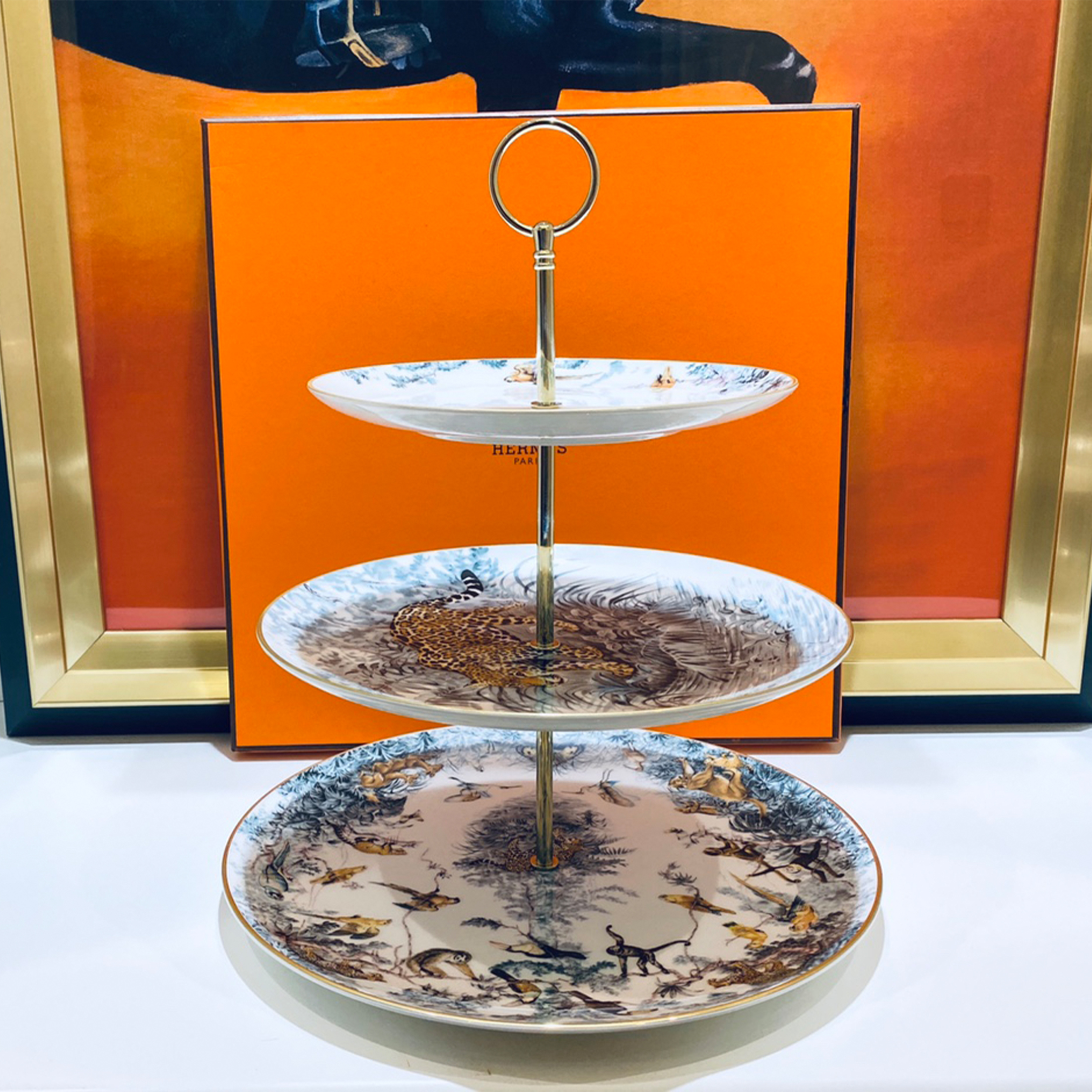 NIGO Hermes Equatorial Jungle Collection Bone China 3 Tier Fruit Plate Cake Stand Snack Plate 45% High Bone China Germany 24k Gold Wheel Hand Traced Gold Edge Snack Tray Place Settings Fruit Plate #nigo71568