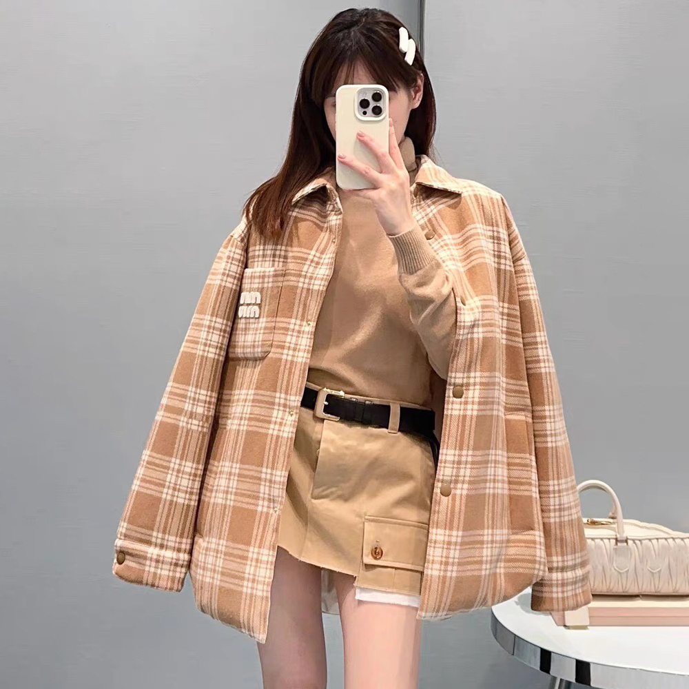 NIGO MiuMiu Women's Fall And Winter Embroidered Letters Logo Check Single Breasted Down Long Sleeved Jacket #nigo72894