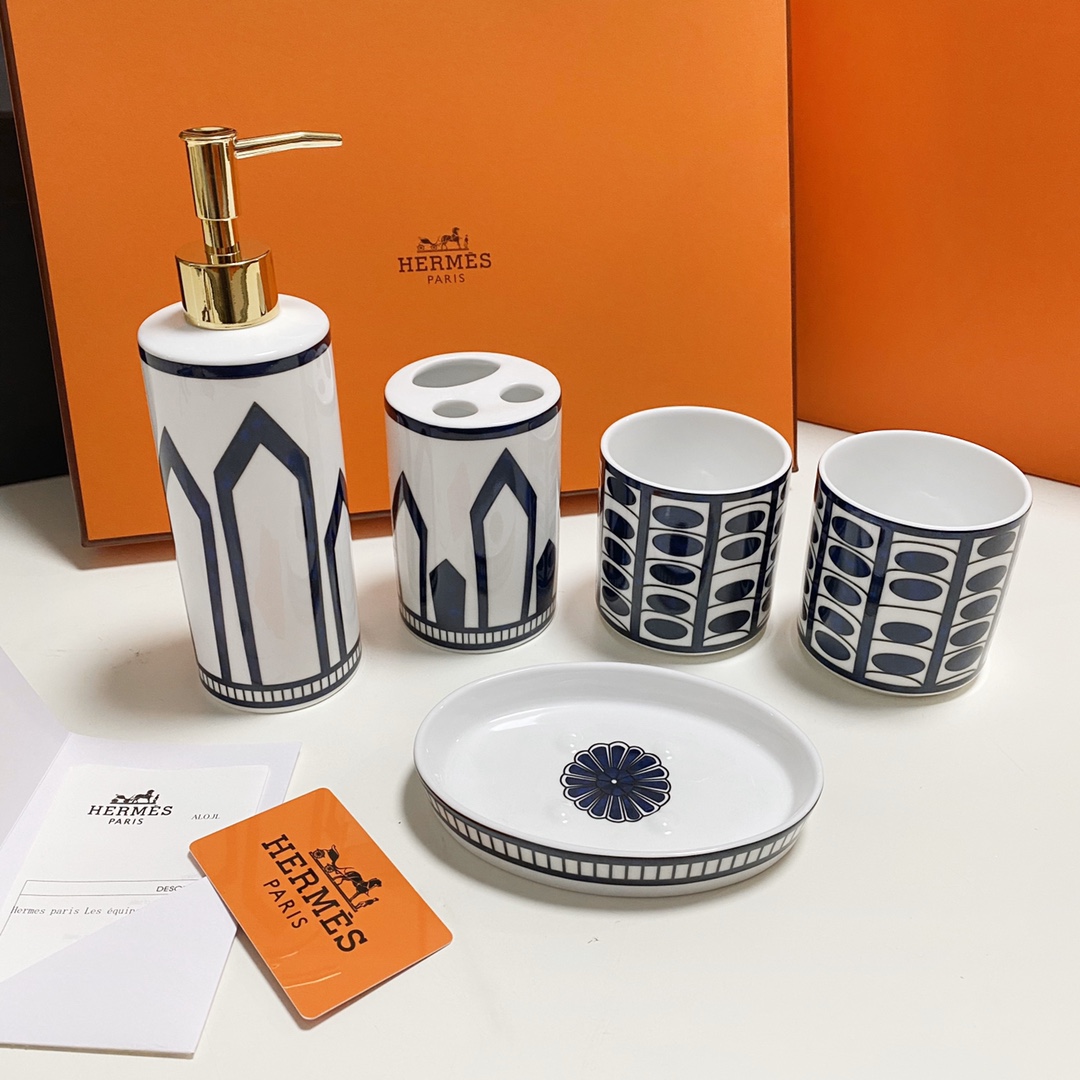 NIGO Hermes Blue Lotus Series Bone China Bathroom Five-piece Set Lotion Bottle Soap Box Toothbrush Box Mouthwash Cup Set #nigo71571