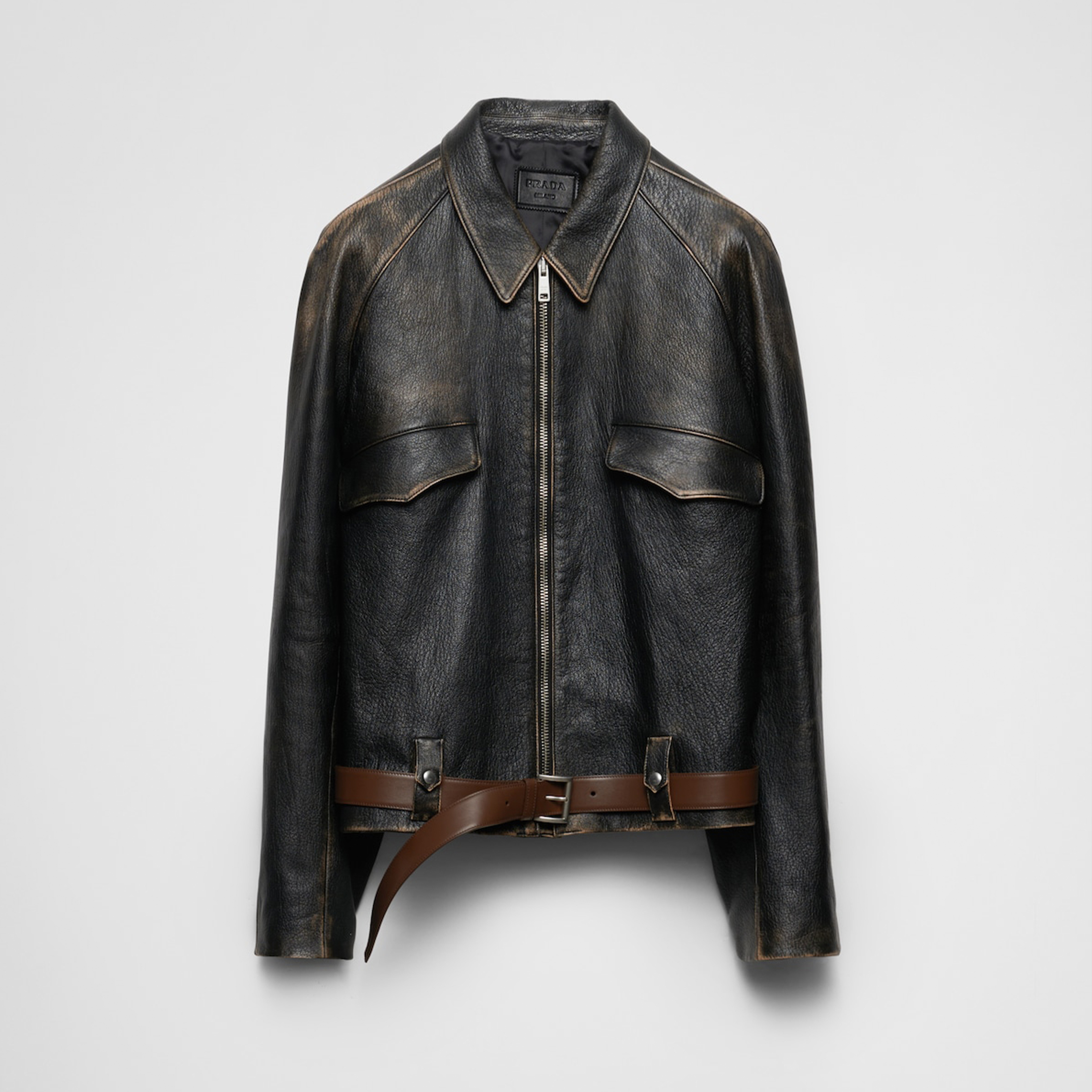 NIGO Prada Men's Women's Autumn and Winter Retro High Street Biker Style Leather Jacket Lapel Belt Zipper Jacket Coat Ngvp #nigo9157