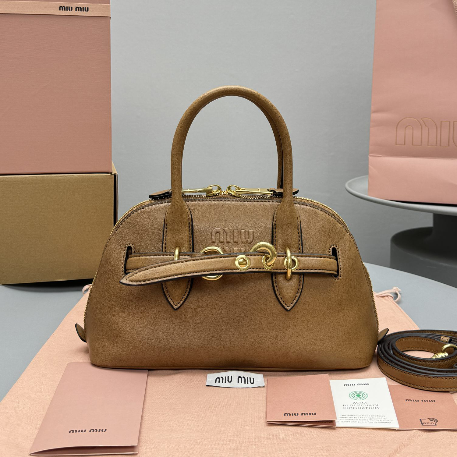 NIGO MiuMiu Aventure Nappa Women's Pure Color Embossed Letter Leather Shoulder Tote Bag Bags #nigo72925