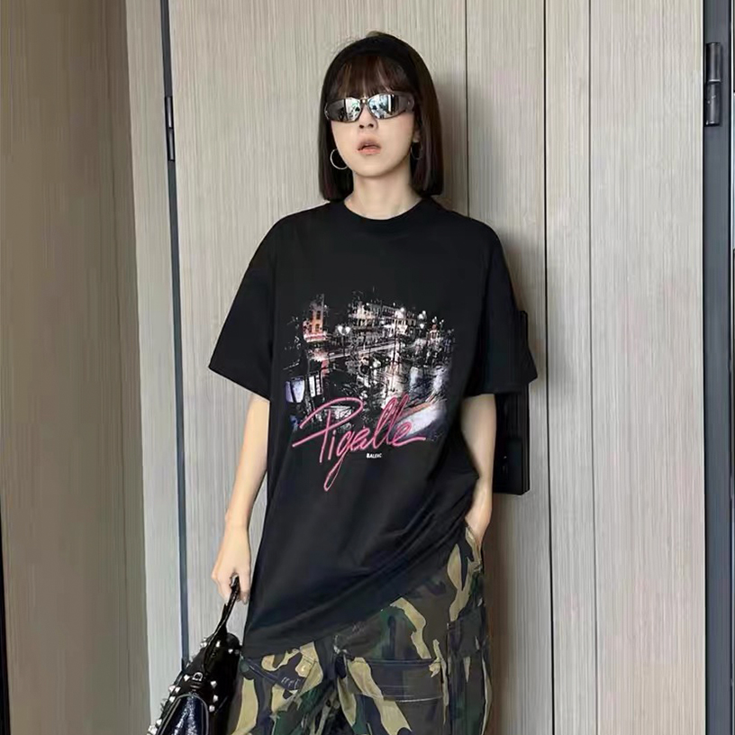 NIGO Balenciaga Men's Women's Summer Paris Landmark Logo Print Cotton Black Loose Round Neck Short Sleeve T-Shirt #nigo71583