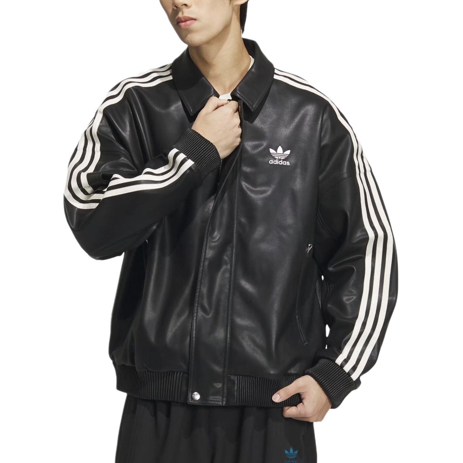 NIGO Adidas Originals X FEIFEI RUAN Men's Fall And Winter Lapel Zipper Leather Jacket #nigo72923