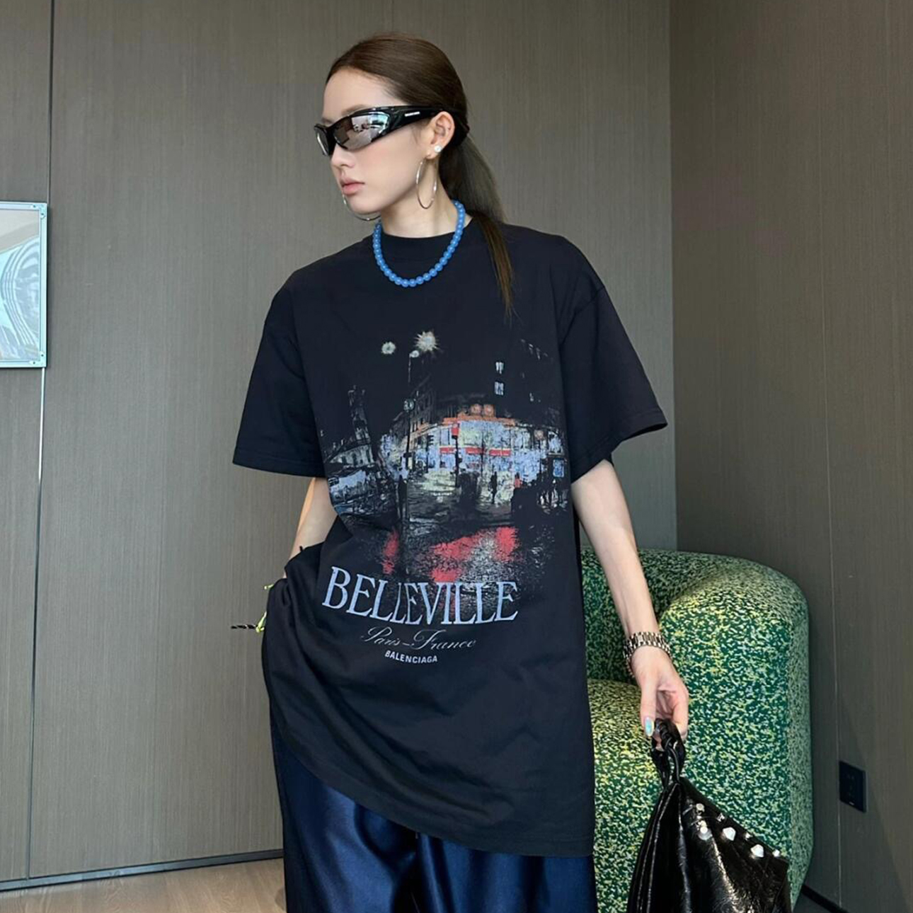 NIGO Balenciaga Men's Women's Summer Monogram Round Neck Short Sleeve Loose Straight Black Cotton BELLEVILLE T-Shirt Ngvp #nigo9213