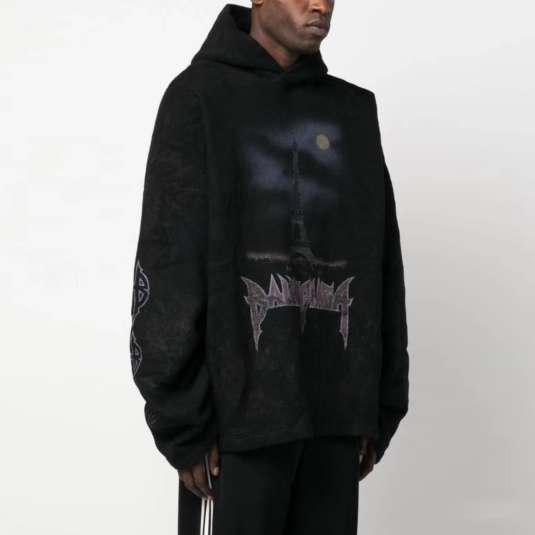 NIGO Balenciaga Men And Women With The Same Models Spring And Fall Do Old Do Fake Holes Washed Hooded Sweatshirt Pullover Paris Moon No Pocket Hoodie Oversized Black Faded #nigo72926