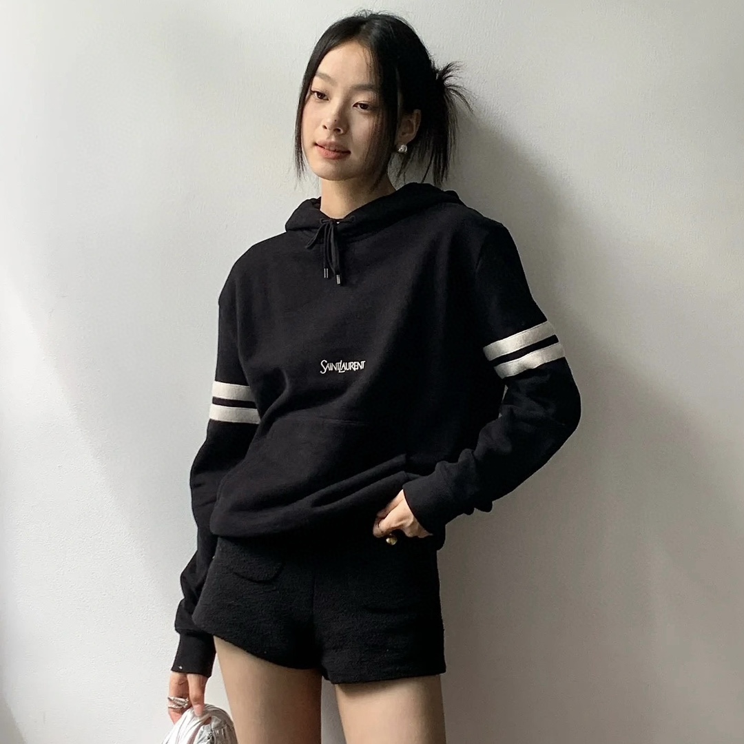NIGO SAINT LAURENT Women's Spring and Autumn Black Striped Hooded Drawstring Long Sleeve Sweatshirt Pullover #nigo72918