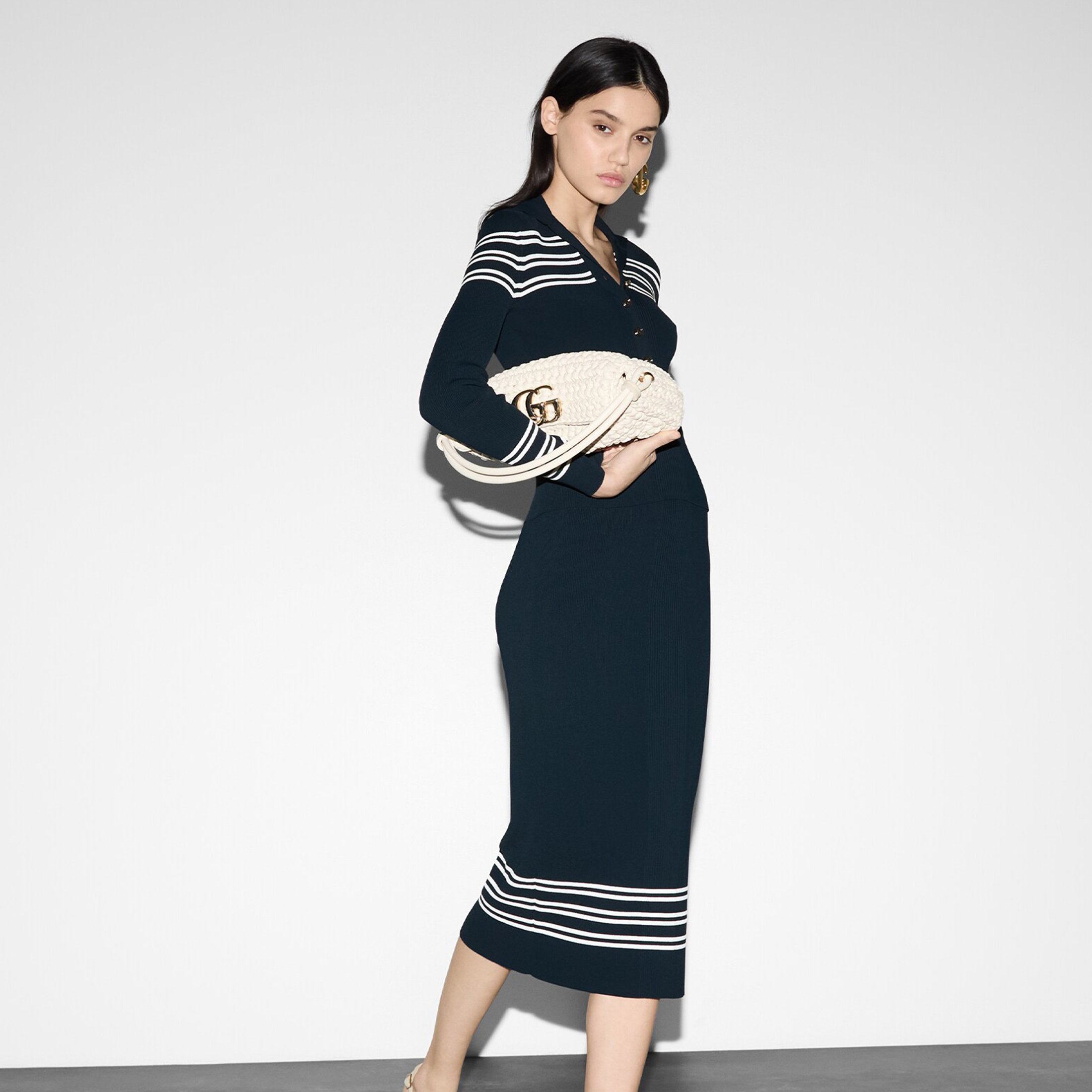 NIGO Gucci Women's Spring And Autumn Gg Jacquard Blue Striped Button Pullover Sweater Knitted Slim Half-body Skirt Temperament Suit Set Ngvp #nigo9159