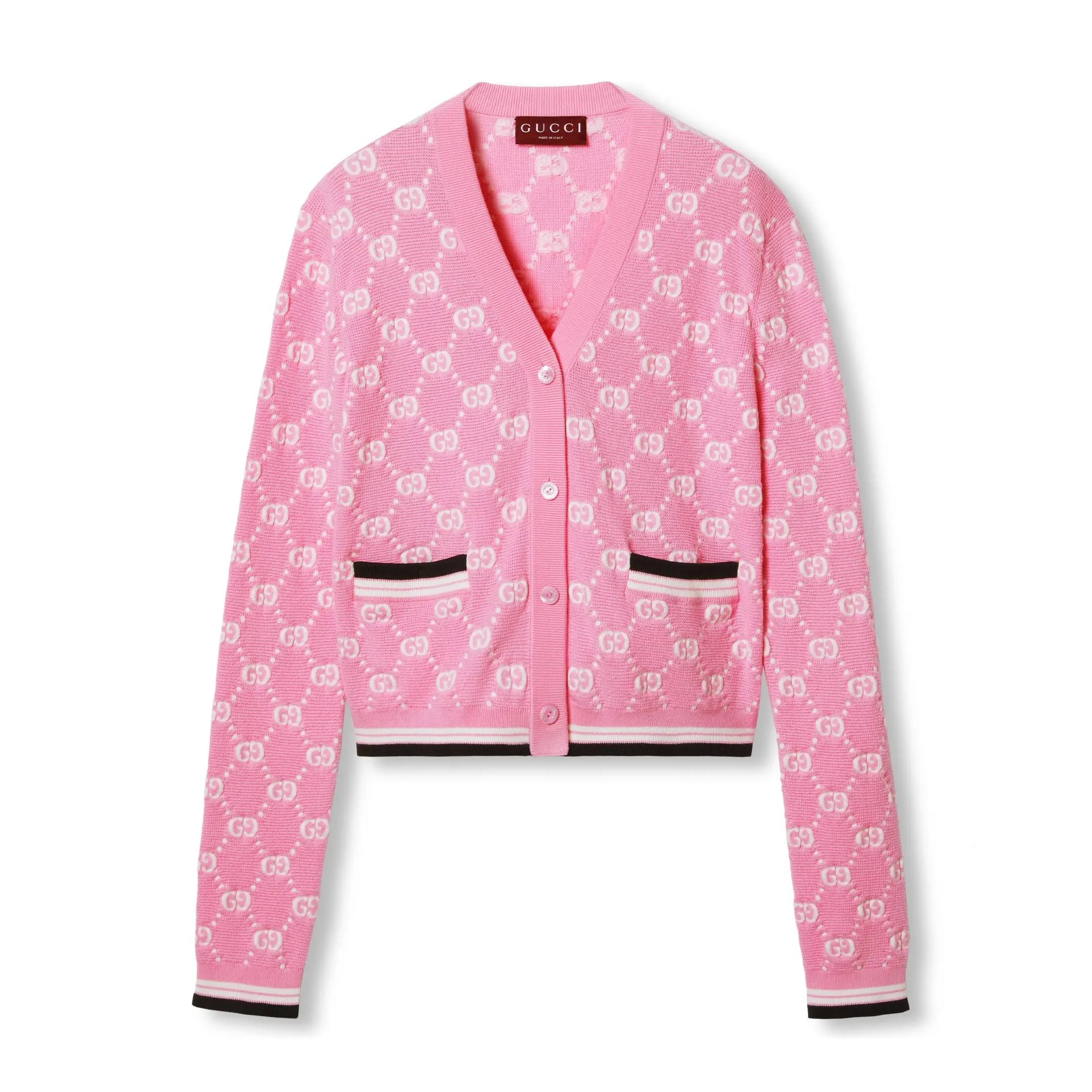 NIGO Gucci Women's Spring and Autumn Pink Logo Applique V-Neck Single Breasted Long Sleeve Knit Sweater Jacket #nigo72916
