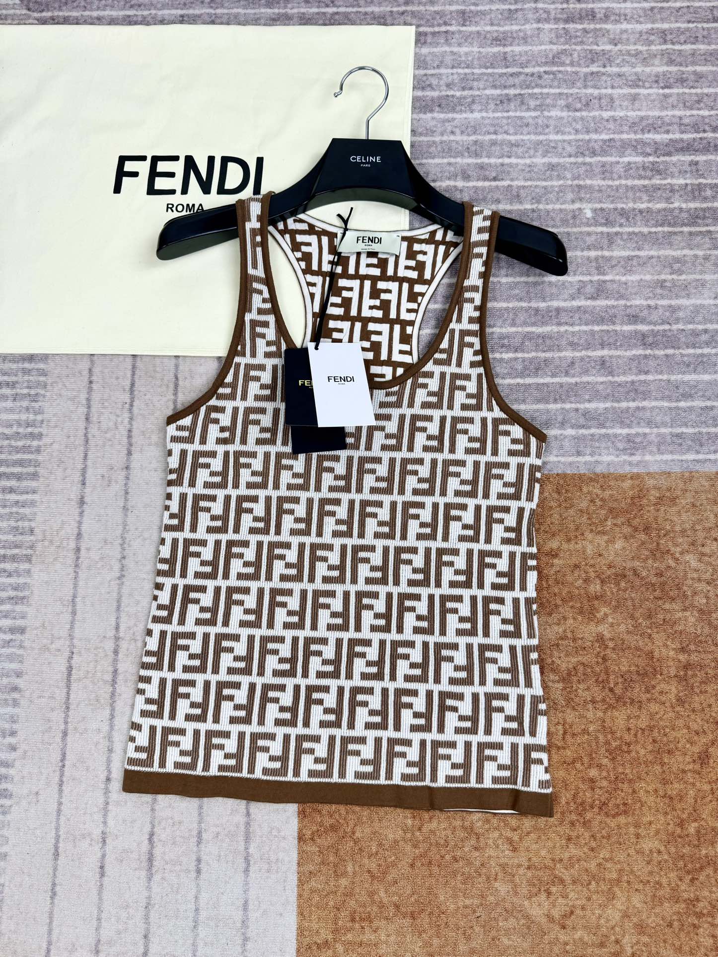 NIGO Fendi Women's Summer Brown FF Print Cotton Knit Top Fitted Sleeveless Vest #nigo72933