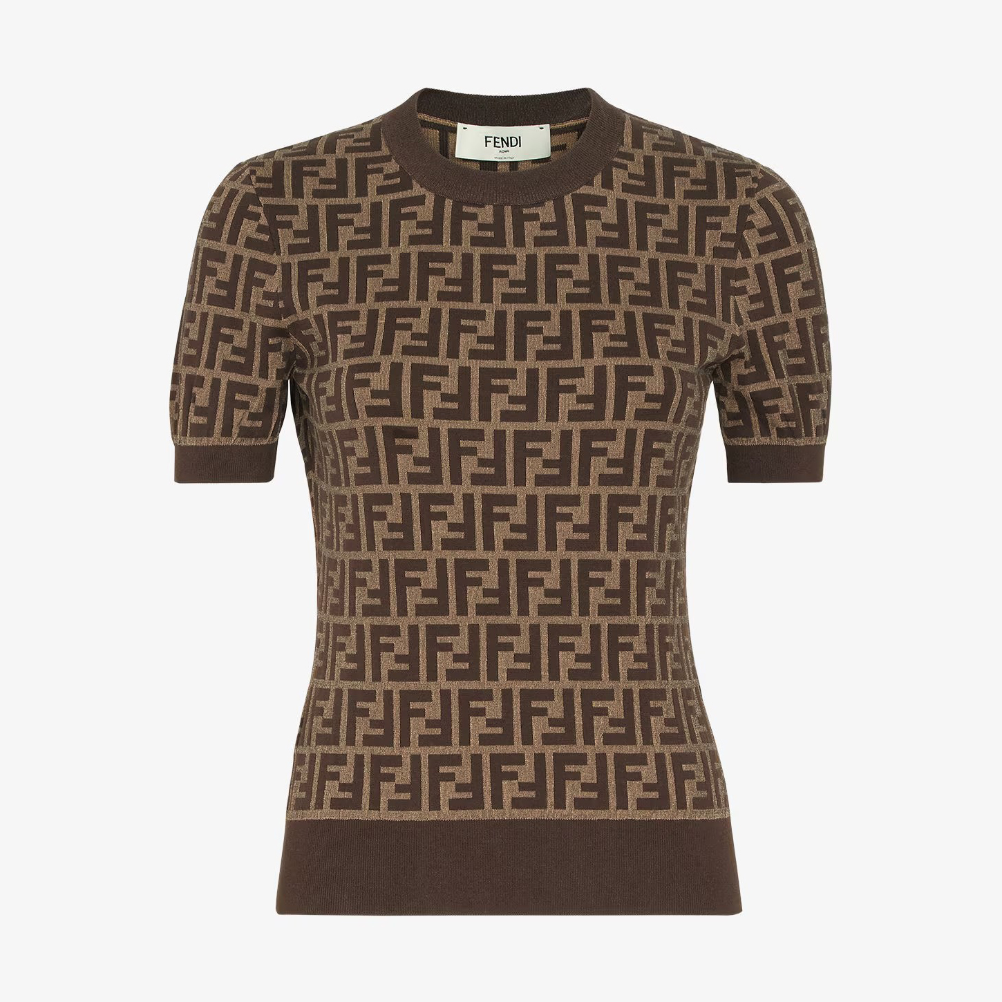 NIGO Fendi Women's Summer Brown FF Printed Cotton Jersey Top, Fitted Short Sleeve T-Shirt #nigo72932