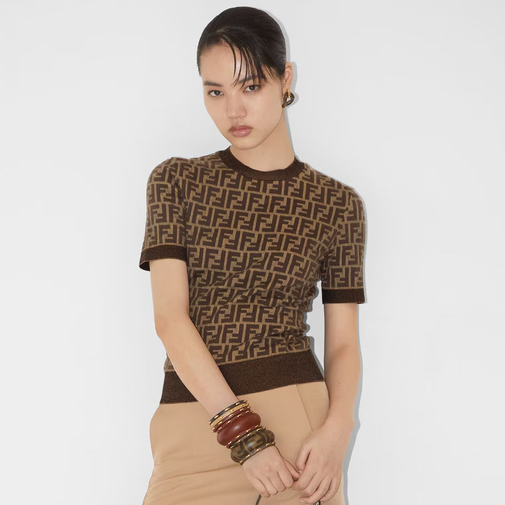 NIGO Fendi Women's Summer Brown FF Printed Cotton Jersey Top, Fitted Short Sleeve T-Shirt #nigo72932