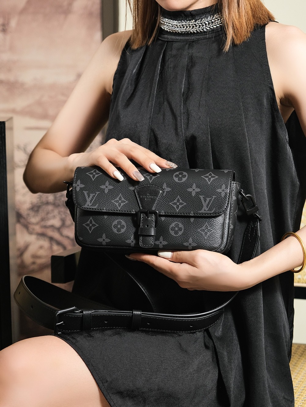 NIGO Louis Vuitton MONTSOURIS Men's Black Removable Adjustable Shoulder Strap Magnetic Closure Coated Canvas Leather Shoulder Crossbody Clutch Bag Bags #nigo72937