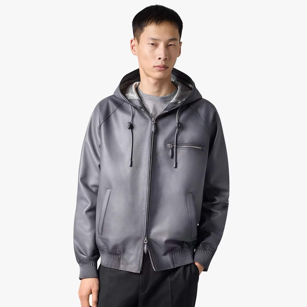 NIGO Berluti Men's Autumn And Winter Fashion Solid Color Sheepskin Zipper Long Sleeve Casual Alternative Hooded Leather Jacket Ngvp #nigo9183