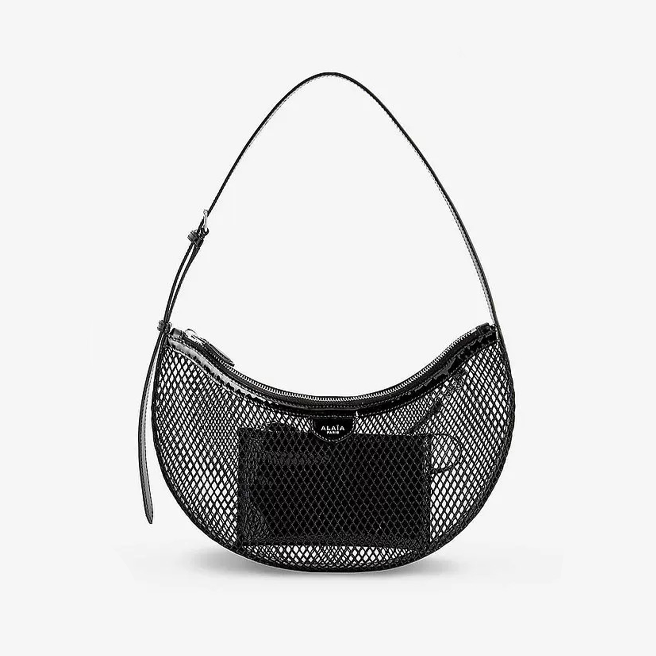 NIGO Alaia Women's Black Fishing Net Half Moon Bag Simple Elegant Zipper Underarm Bag Hollow Handbag Removable Patent Leather Inner Bag Shoulder Bags AA1S02731CA266999 Ngvp #nigo9227
