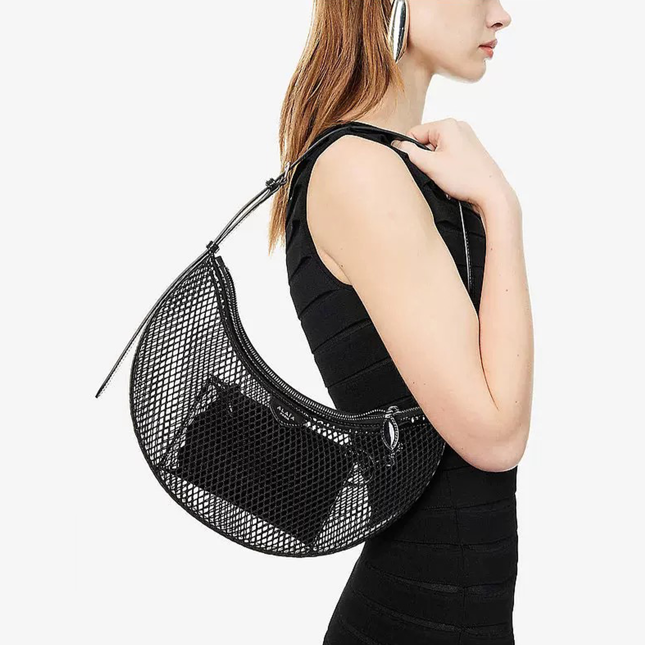 NIGO Alaia Women's Black Fishing Net Half Moon Bag Simple Elegant Zipper Underarm Bag Hollow Handbag Removable Patent Leather Inner Bag Shoulder Bags AA1S02731CA266999 Ngvp #nigo9227