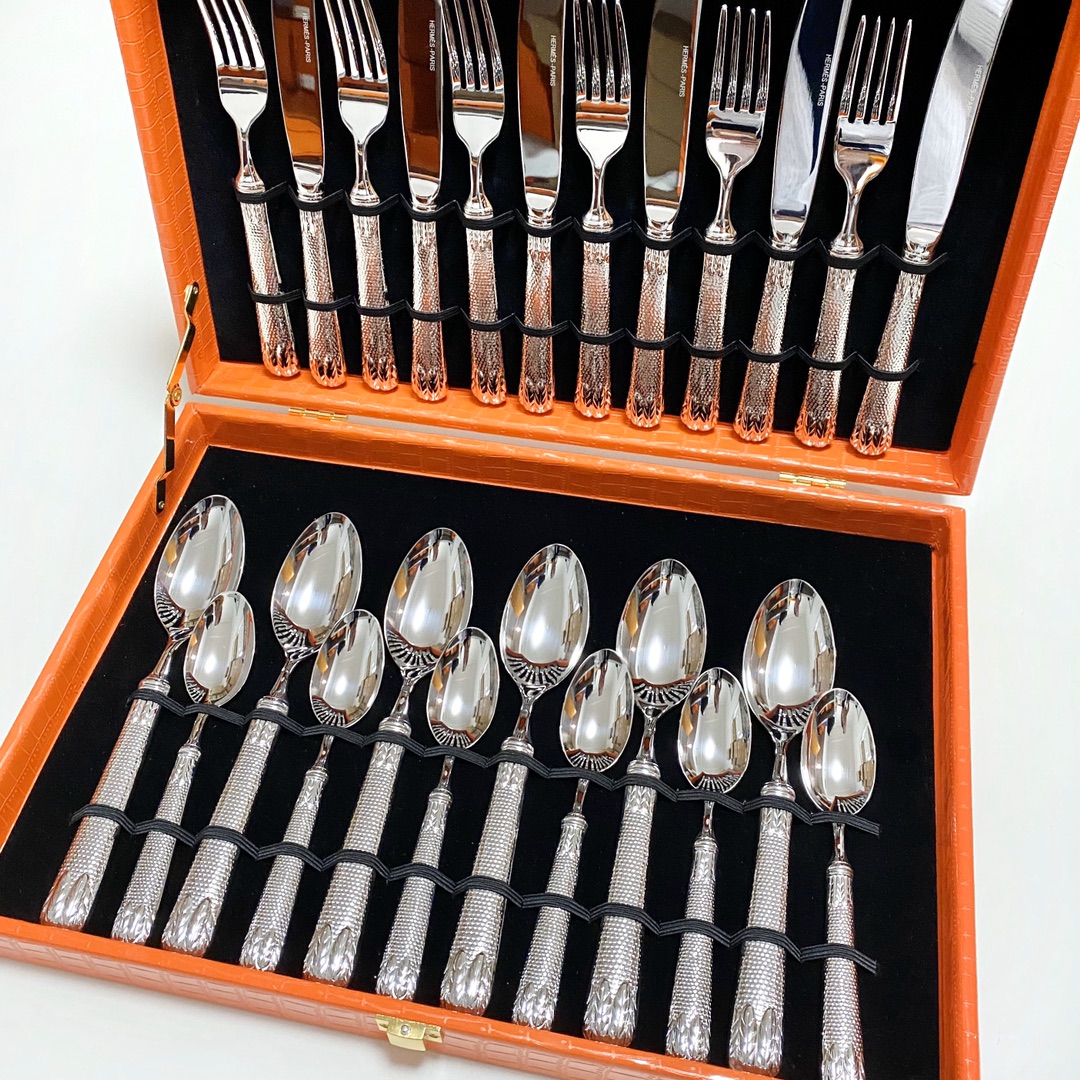 NIGO Hermes Luxury Household Knife Fork And Spoon Set Imported 304 Stainless Steel Material Gift Box Packaging 6 People Meal 24 Pieces Set Accessories #nigo71579