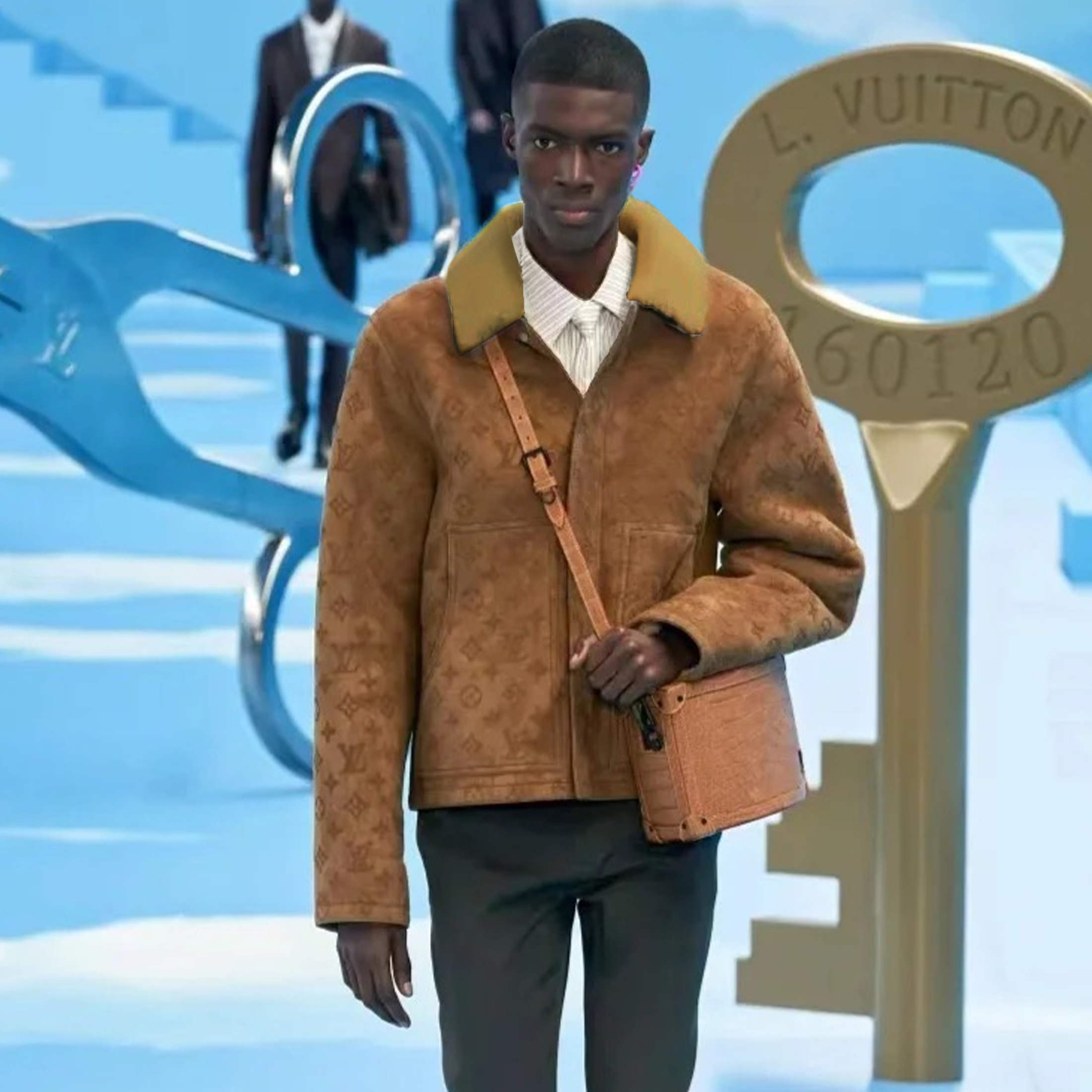 NIGO Louis Vuitton Monogram Embossed Sheepskin Lapel Single Breasted Long Sleeve Leather Jacket Zipper Fashion Vintage Hair Collar Jacket Coat #nigo71612