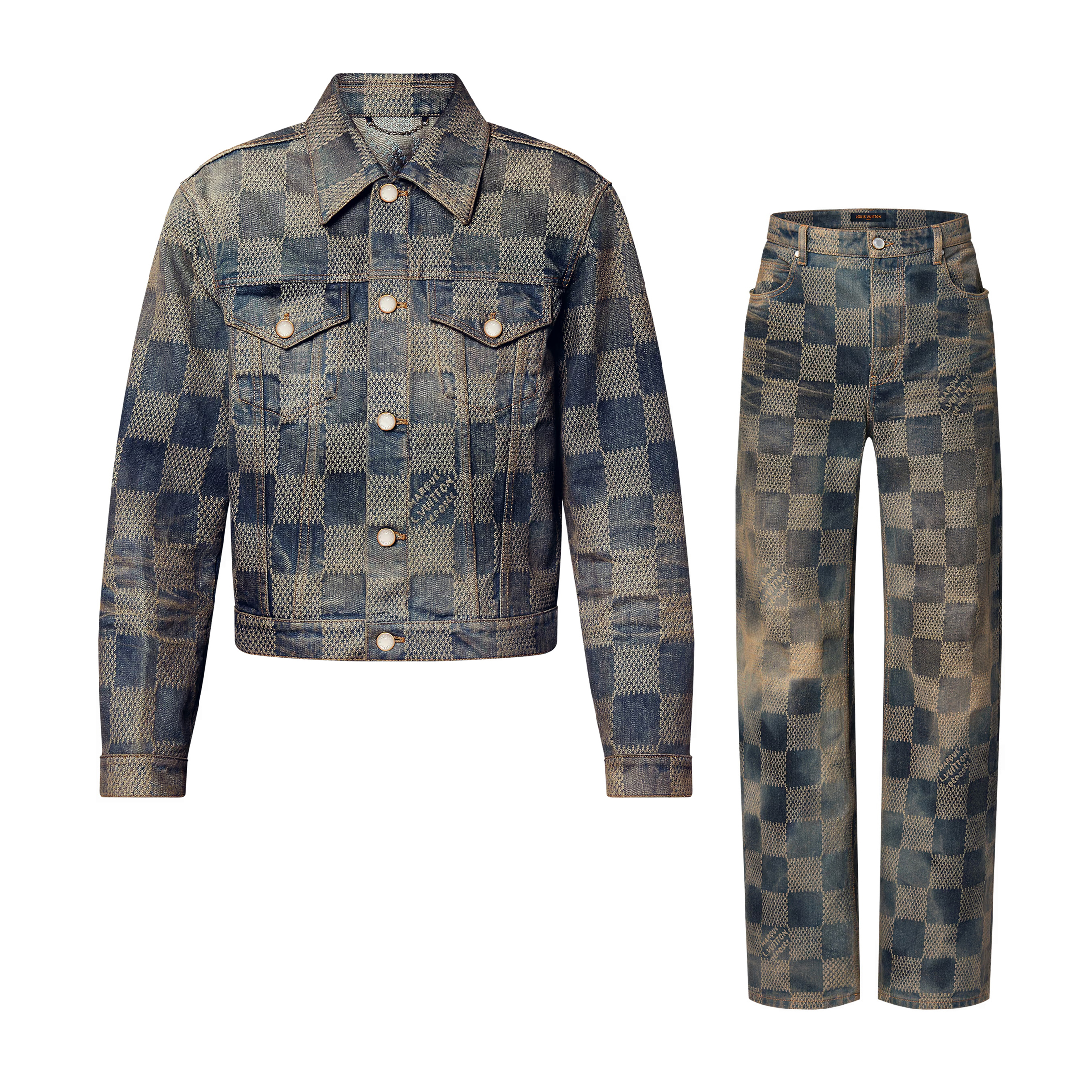 NIGO Louis Vuitton Men's Spring And Fall Logo Jacquard Checkerboard Pattern Pocket Single Breasted Denim Jacket Pants Suit Set #nigo72956