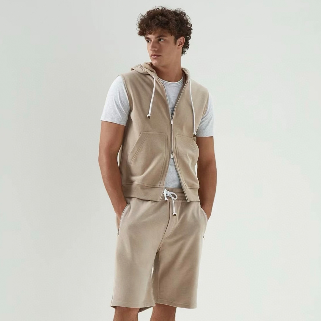 NIGO Brunello Cucinelli Men's Spring And Autumn Solid Color Zipper Drawstring Cotton Hooded Vest Casual Tie Shorts Ngvp #nigo9218