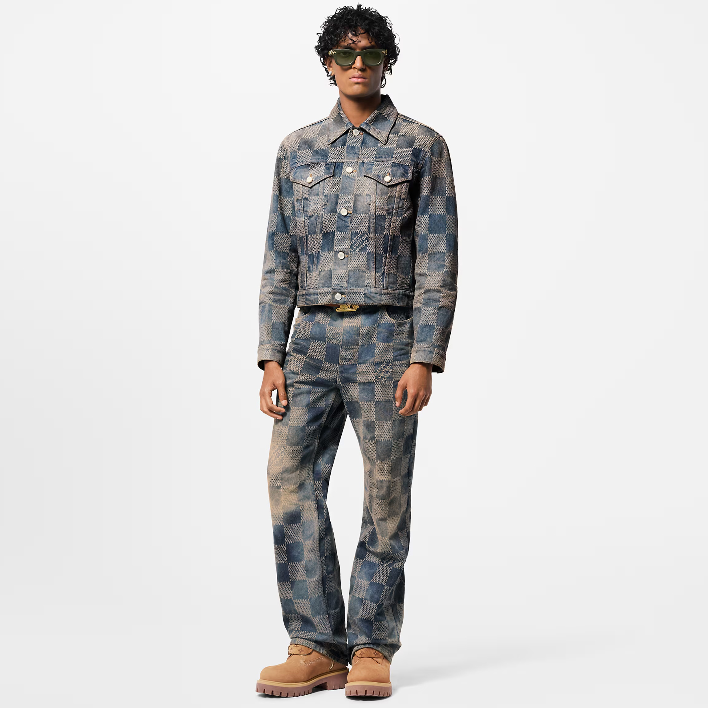 NIGO Louis Vuitton Men's Spring And Fall Logo Jacquard Checkerboard Pattern Pocket Single Breasted Denim Jacket Pants Suit Set #nigo72956