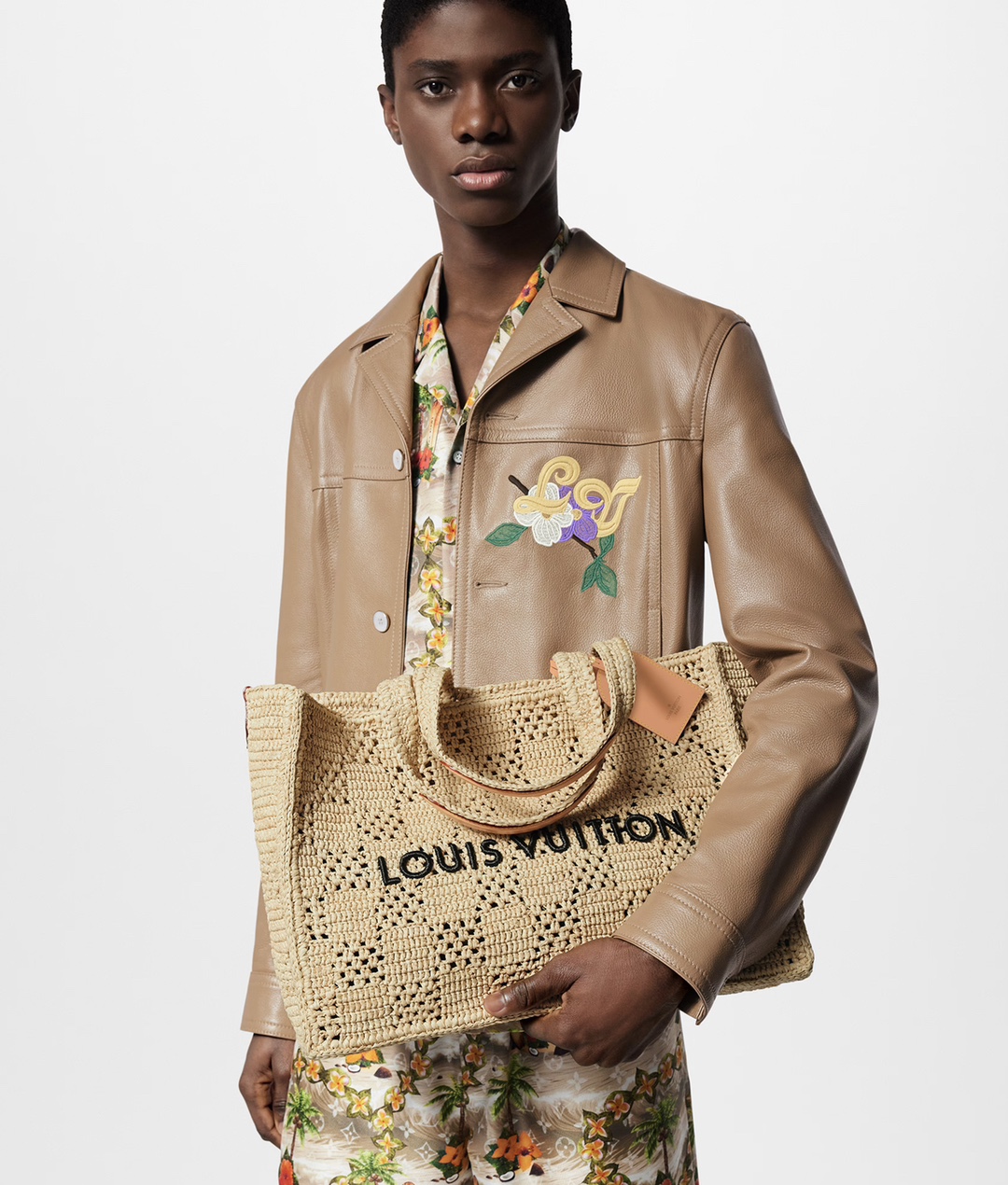 NIGO Louis Vuitton Men's and Women's Khaki Letter Printed Open Closure Leather Shopping Bag Handbag Tote Bags #nigo72965
