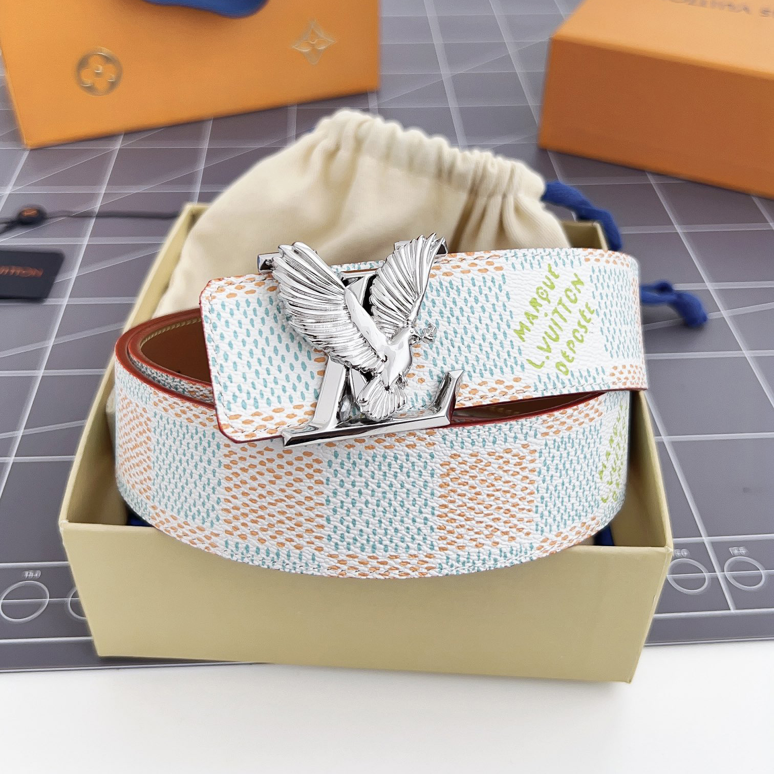 NIGO Louis Vuitton Men's Metal Eagle Buckle Color Checkered Letter Logo Leather Belt Accessory #nigo72695