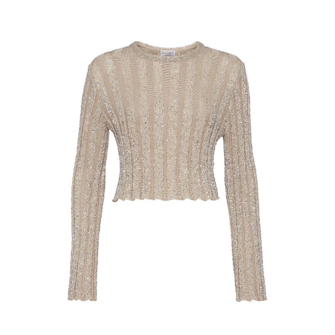NIGO Brunello Cucinelli Women's Spring And Autumn Solid Color Striped Sequins Long Sleeve Short Round Neck Fitted Knit Sweater Casual High Waist A-line Half Skirt Ngvp #nigo9269
