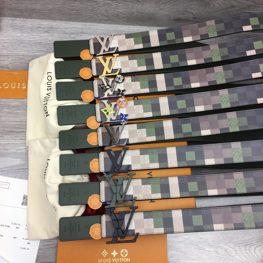 NIGO Louis Vuitton Mega Pixel Men's Four Seasons Fashion Camo Cowhide Belt Logo Luxury Double Sided Belt Width 4cm Accessories #nigo71221