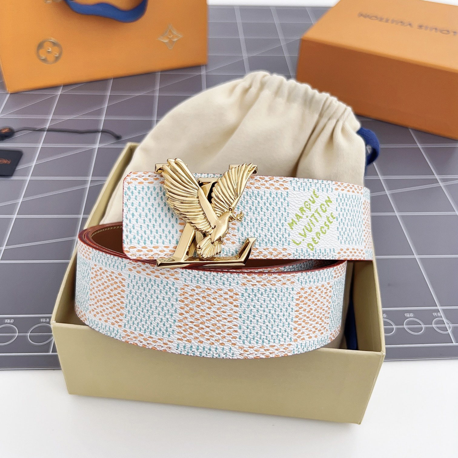 NIGO Louis Vuitton Men's Metal Eagle Buckle Color Checkered Letter Logo Leather Belt Accessory #nigo72695