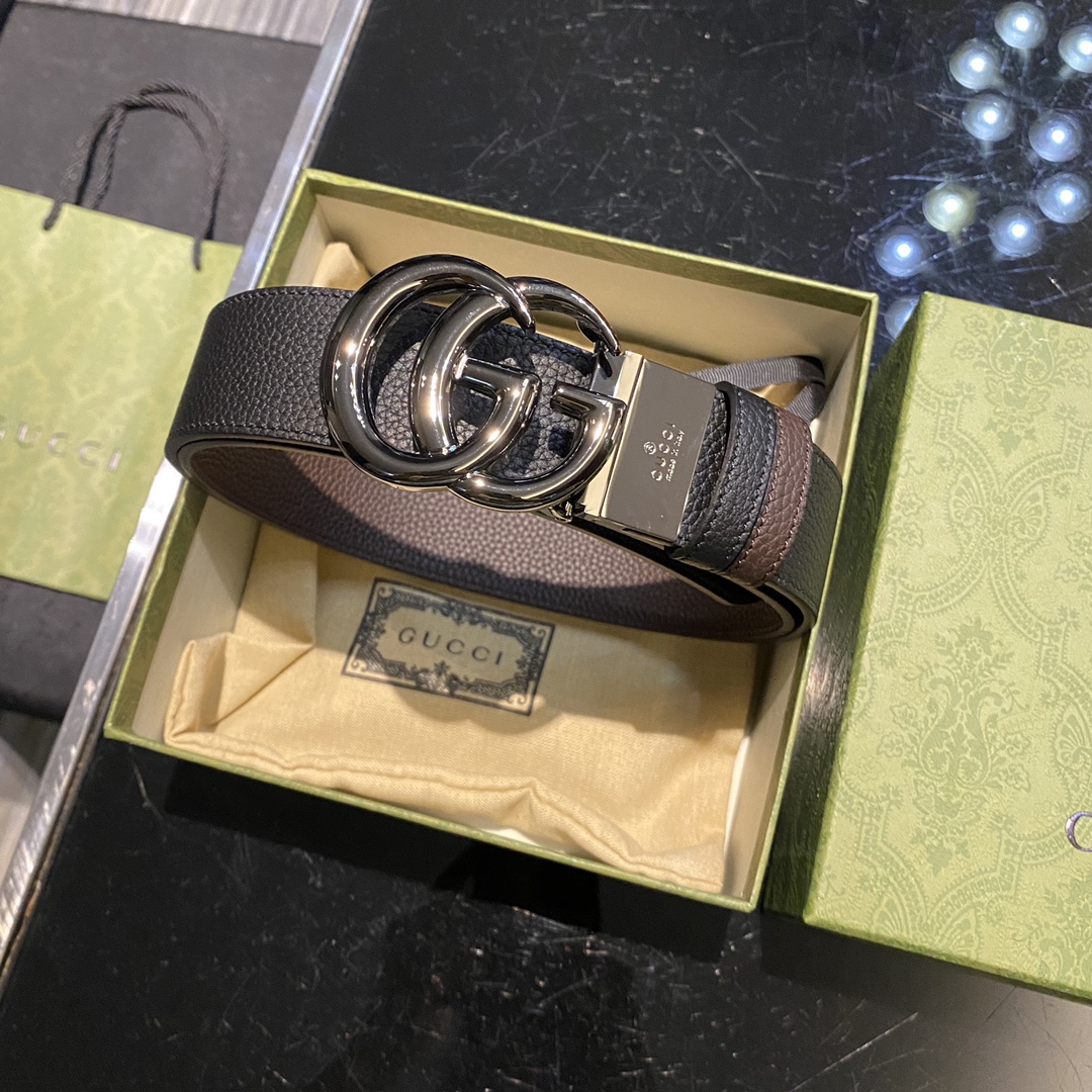 NIGO Gucci Men's Gold Logo Smooth Buckle Black Leather Thin Belt Width 3.8cm #nigo72694