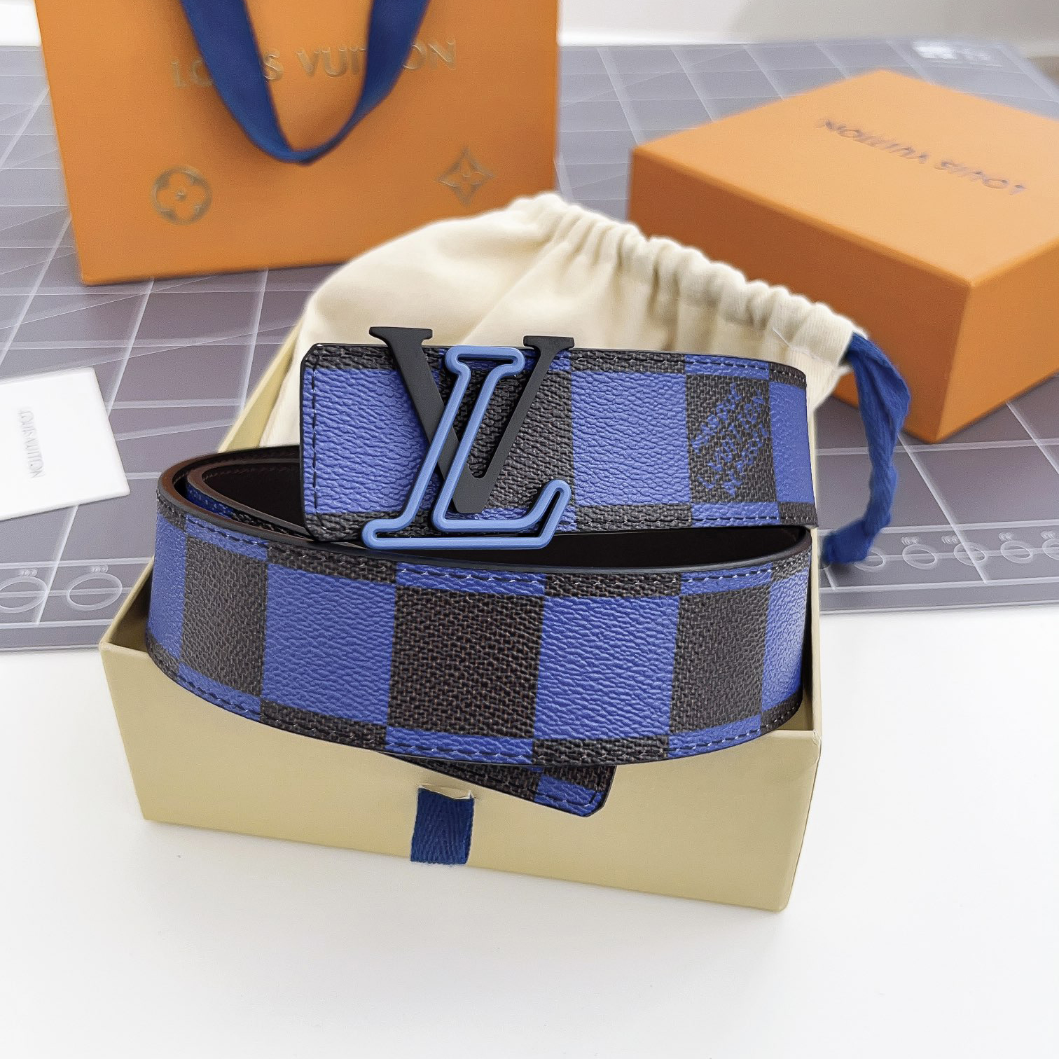 NIGO Louis Vuitton Men's Color Checkered Letter Logo Brown Leather Belt Width 4cm Accessory #nigo72696