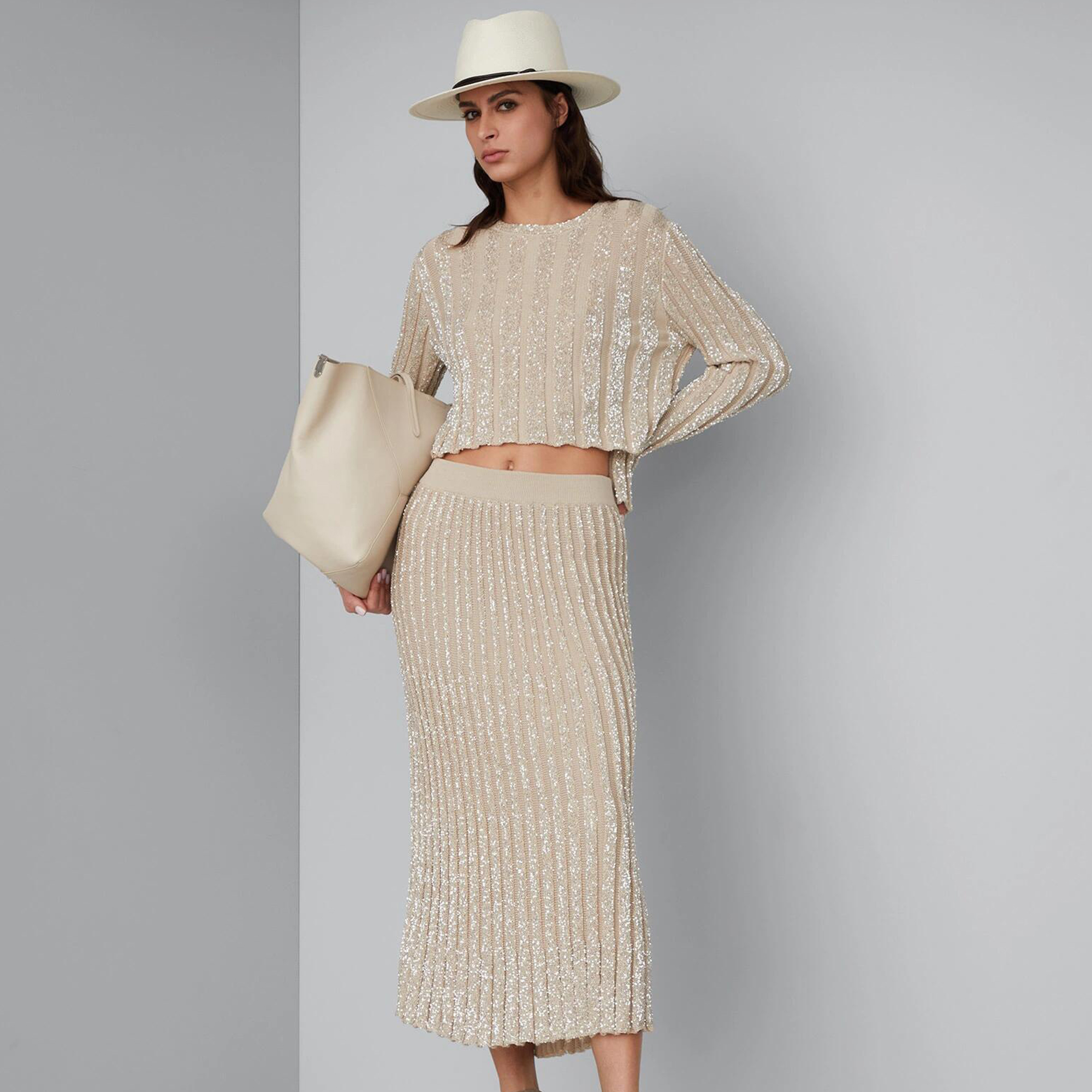 NIGO Brunello Cucinelli Women's Spring And Autumn Solid Color Striped Sequins Long Sleeve Short Round Neck Fitted Knit Sweater Casual High Waist A-line Half Skirt Ngvp #nigo9269