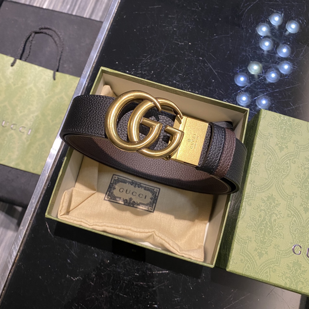 NIGO Gucci Men's Gold Logo Smooth Buckle Black Leather Thin Belt Width 3.8cm #nigo72694