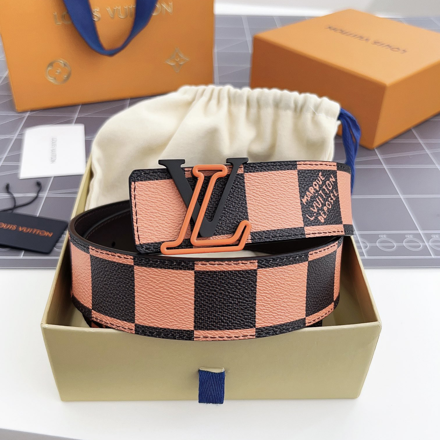 NIGO Louis Vuitton Men's Color Checkered Letter Logo Brown Leather Belt Width 4cm Accessory #nigo72696