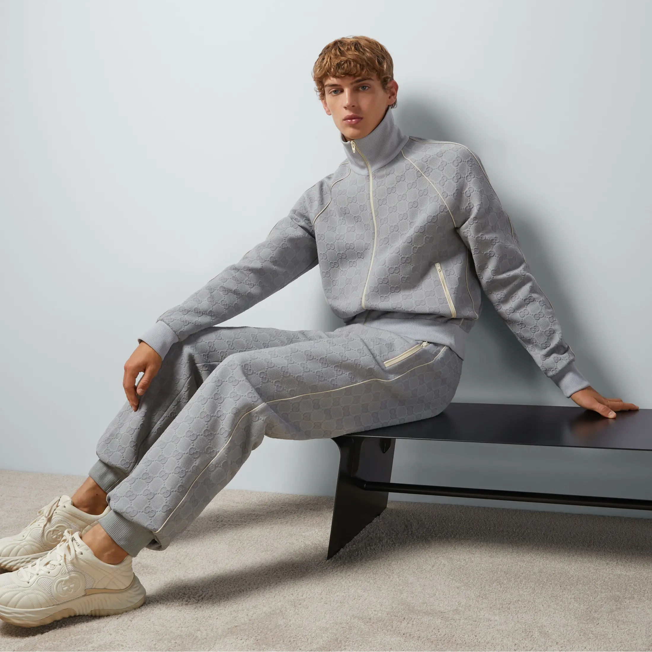 NIGO Gucci Men's Spring and Autumn Gray Letter Logo Full Print Zipper Long Sleeve Jacket Drawstring Tie Sweatpants Pants Suit Set #nigo72978