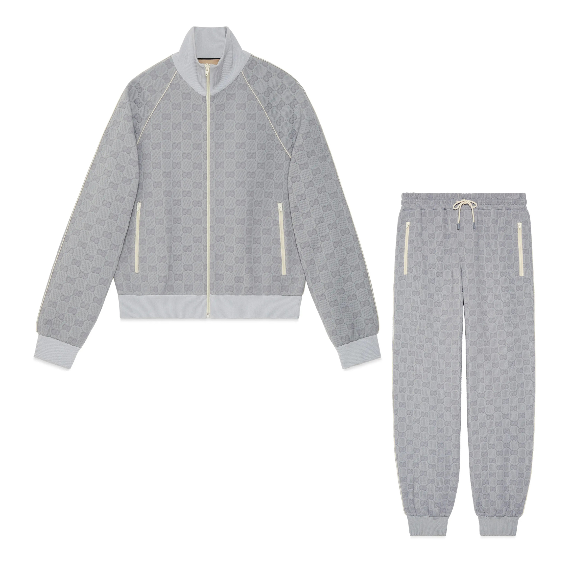 NIGO Gucci Men's Spring and Autumn Gray Letter Logo Full Print Zipper Long Sleeve Jacket Drawstring Tie Sweatpants Pants Suit Set #nigo72978