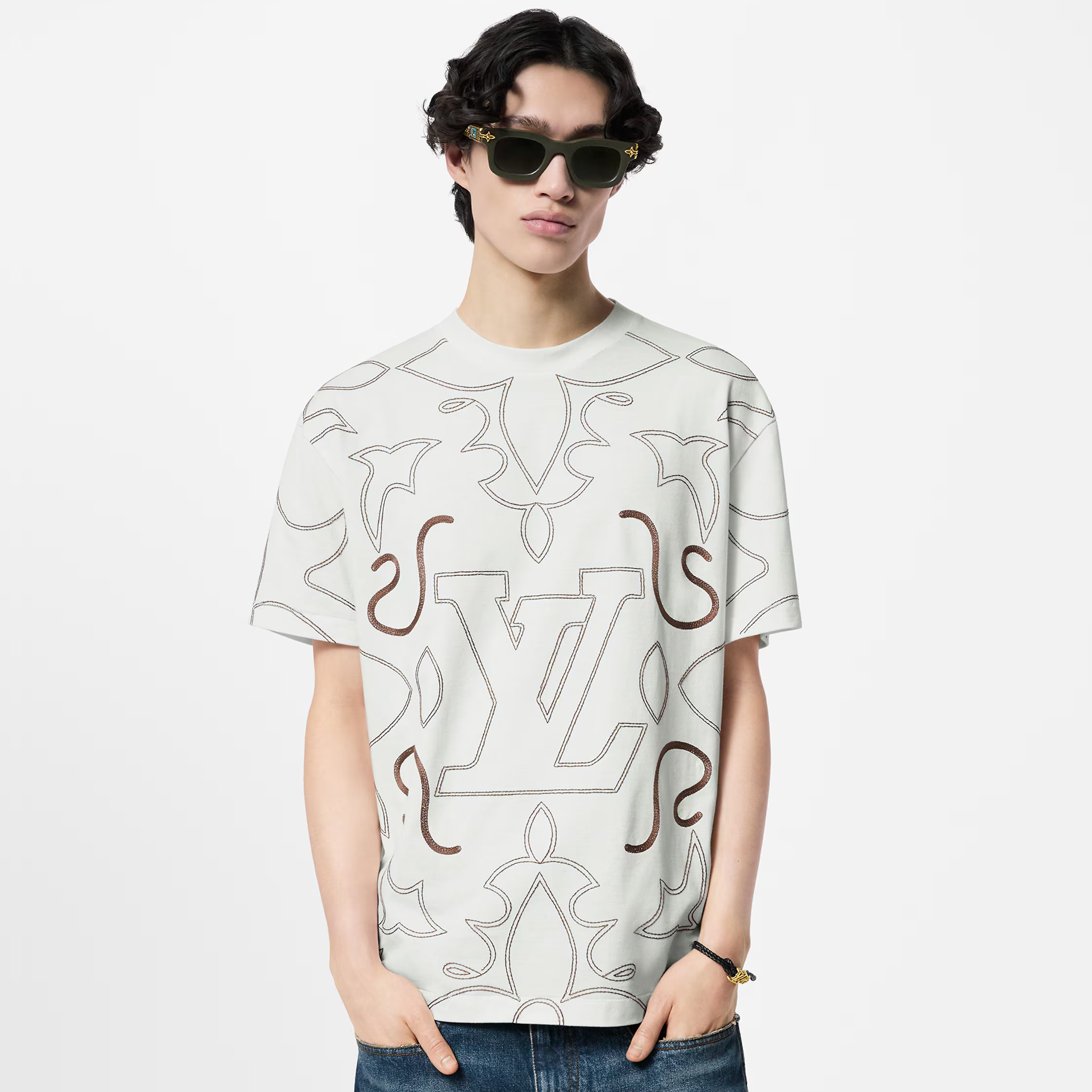 NIGO Louis Vuitton Men's Summer White Logo Letter Embroidery Round Neck Casual Short Sleeve T-Shirt #nigo72989