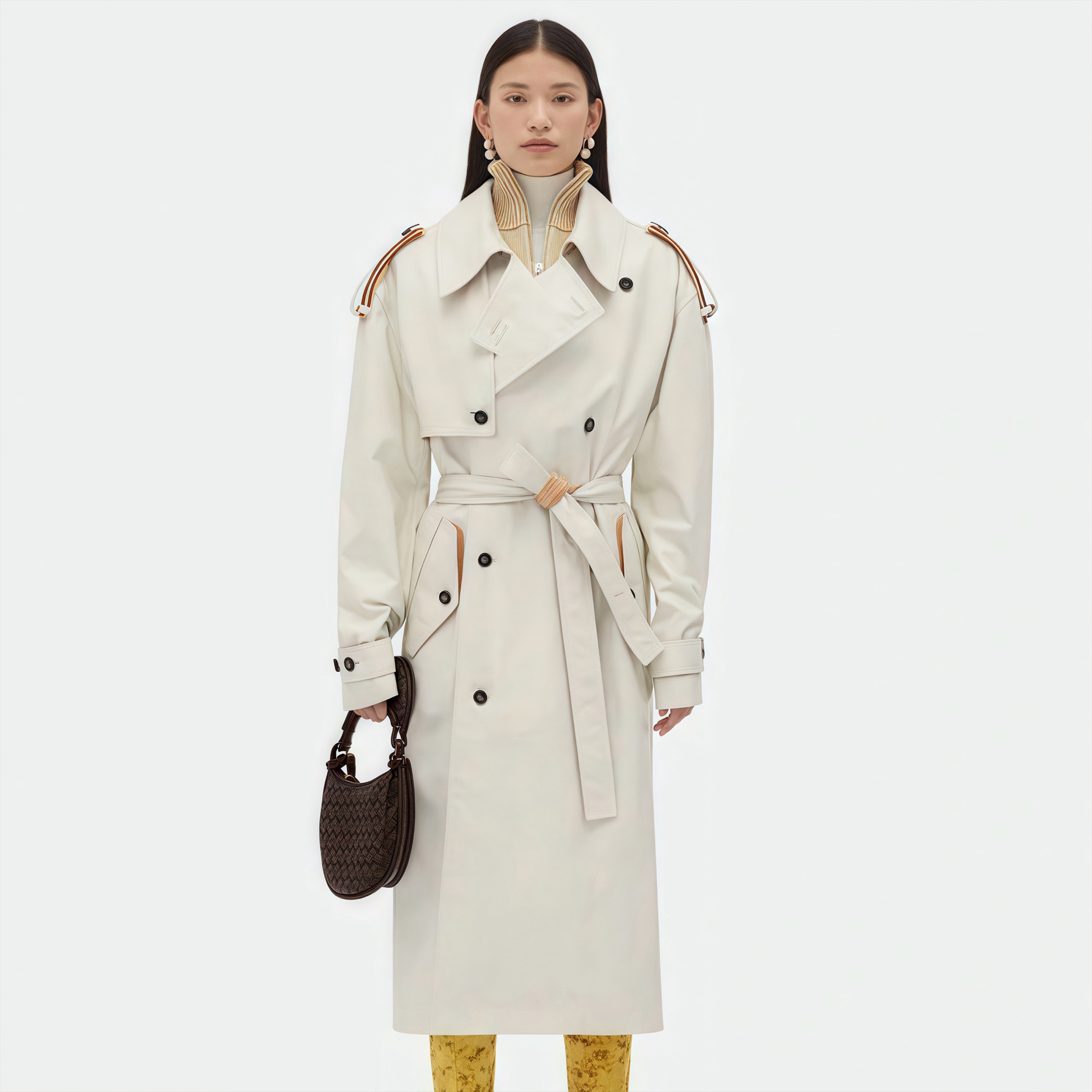 NIGO Bottega Veneta Women's Autumn And Winter Long Solid Color Belt Open Double-breasted Collar Long-sleeved Trench Coat Fashion Casual Leather Jacket Ngvp #nigo7217