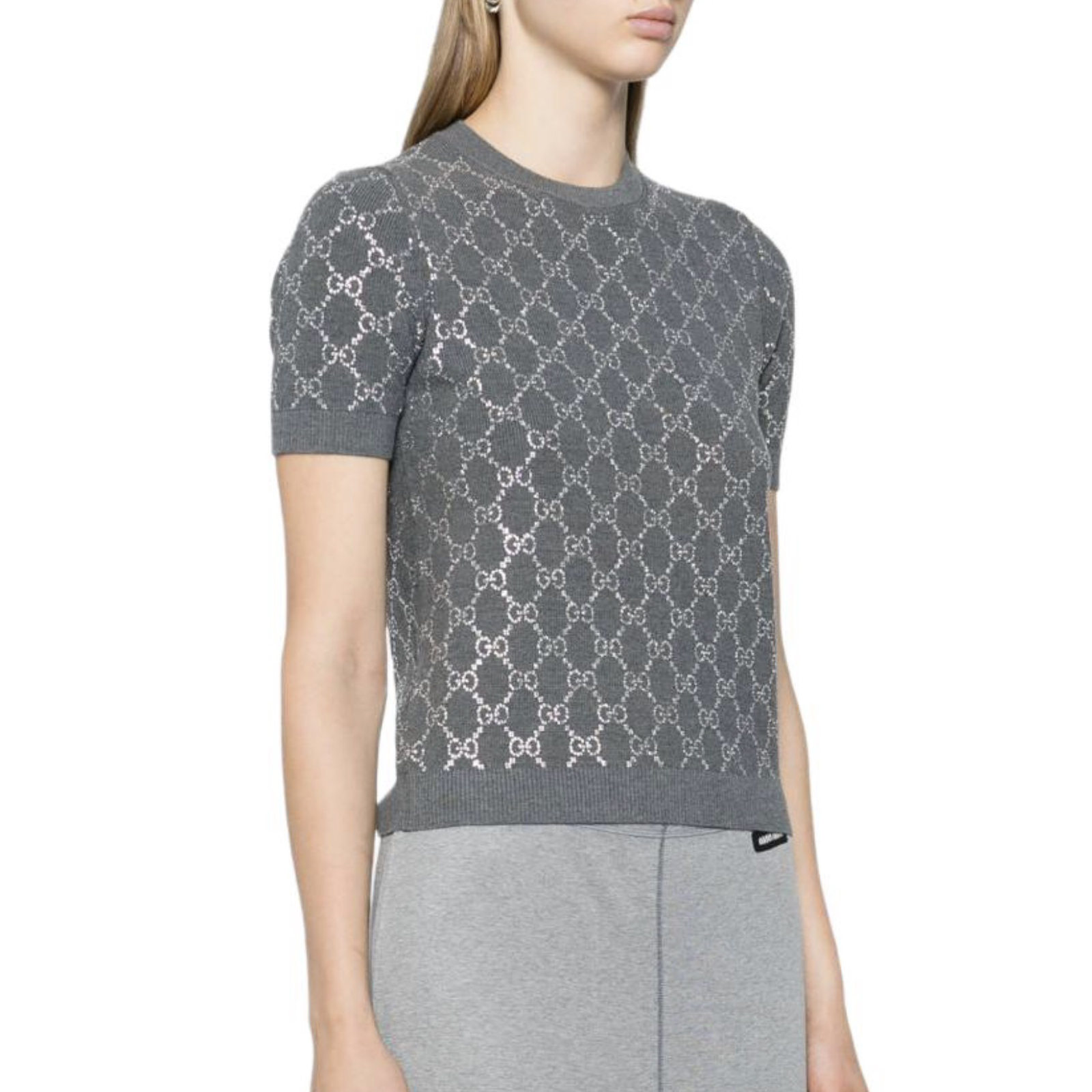 NIGO Gucci Women's Summer Gray Letter Logo Rhinestone Decoration Slim Short Sleeve Knit T-Shirt #nigo72992